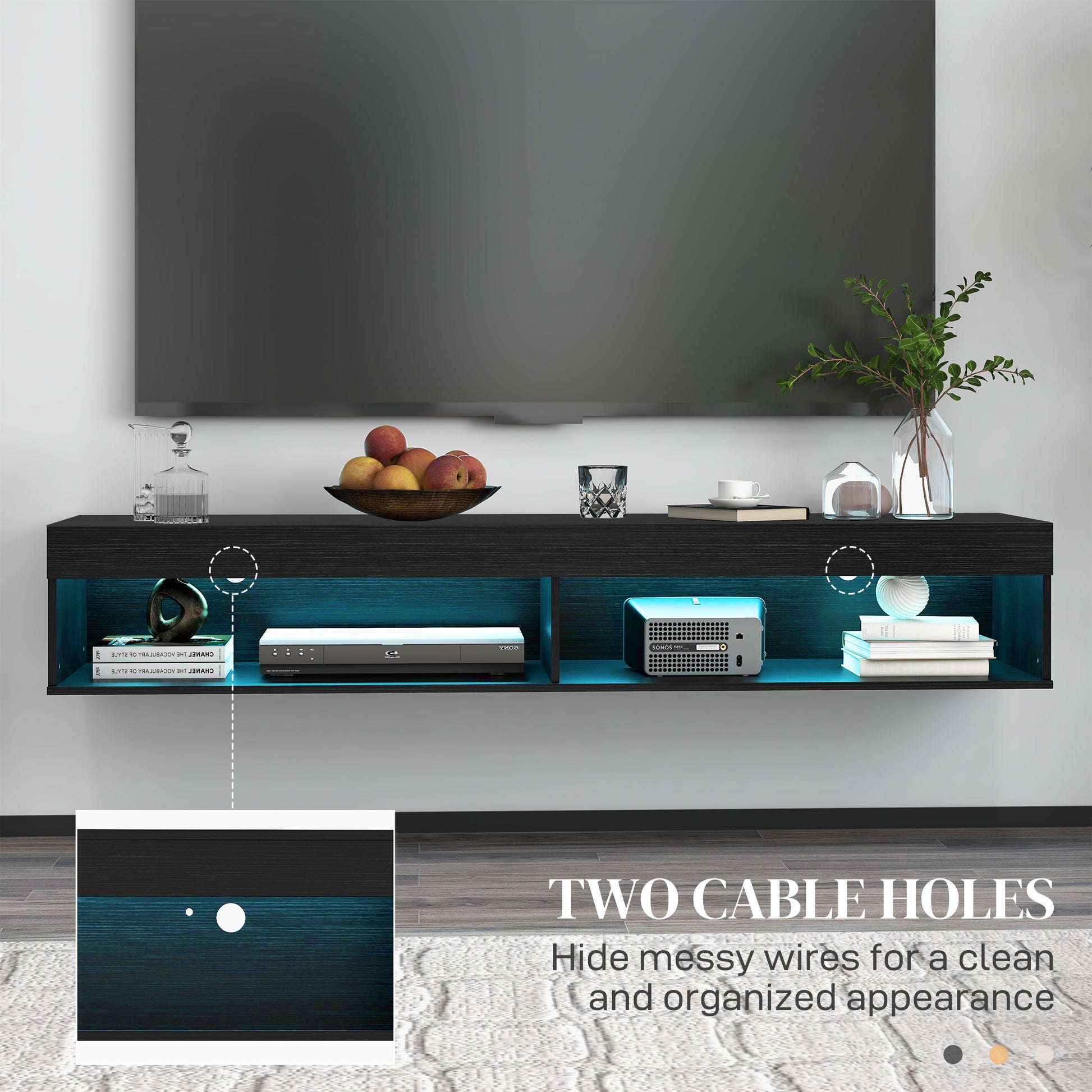 HOMCOM Modern Floating Wall Mounted TV Stand with LED Lights, Storage, Black