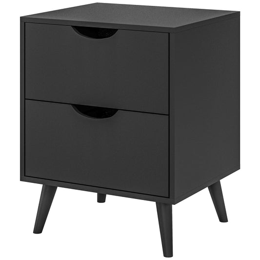 HOMCOM Modern Black Nightstand with Two Drawers, Solid Pine Wood Legs