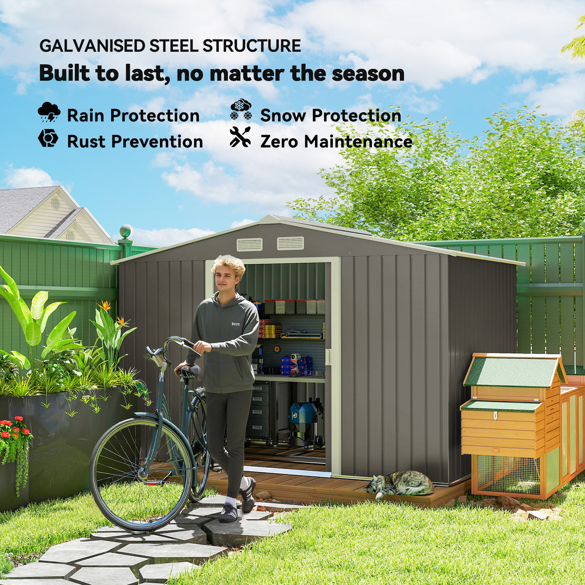 9.1'x6.4'x6.3' Garden Storage Shed, Outdoor Storage Tool House with Vents, Foundation and Lockable Double Doors – Grey