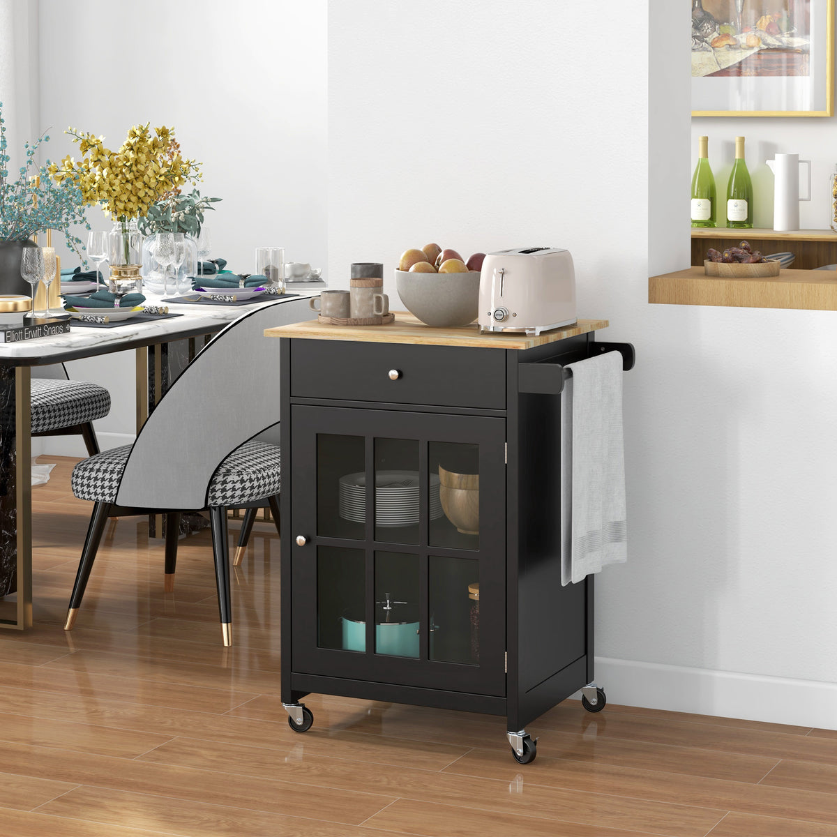 Rolling Kitchen Cart with Drawer and Glass Door Cabinet – 26"W x 34"H