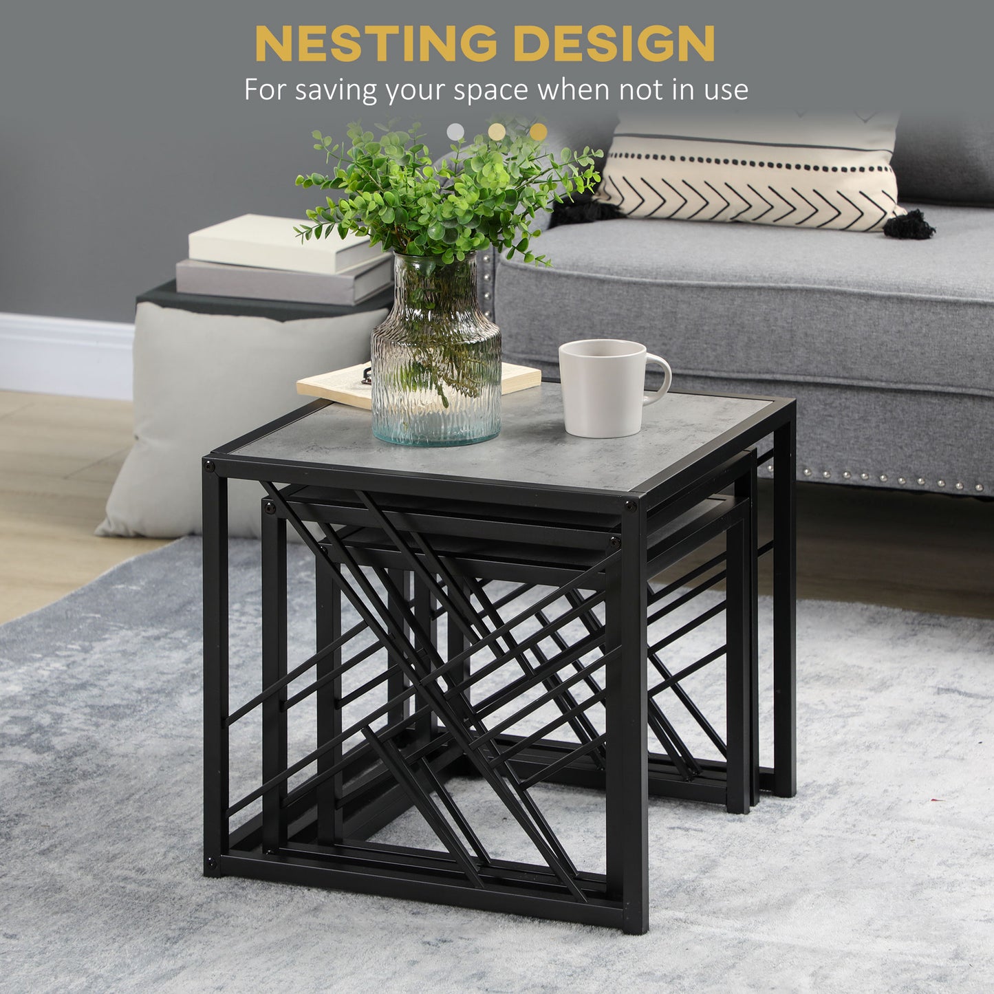 HOMCOM 3-Piece Square Nesting Coffee Tables Grey Marble Top Metal Frame