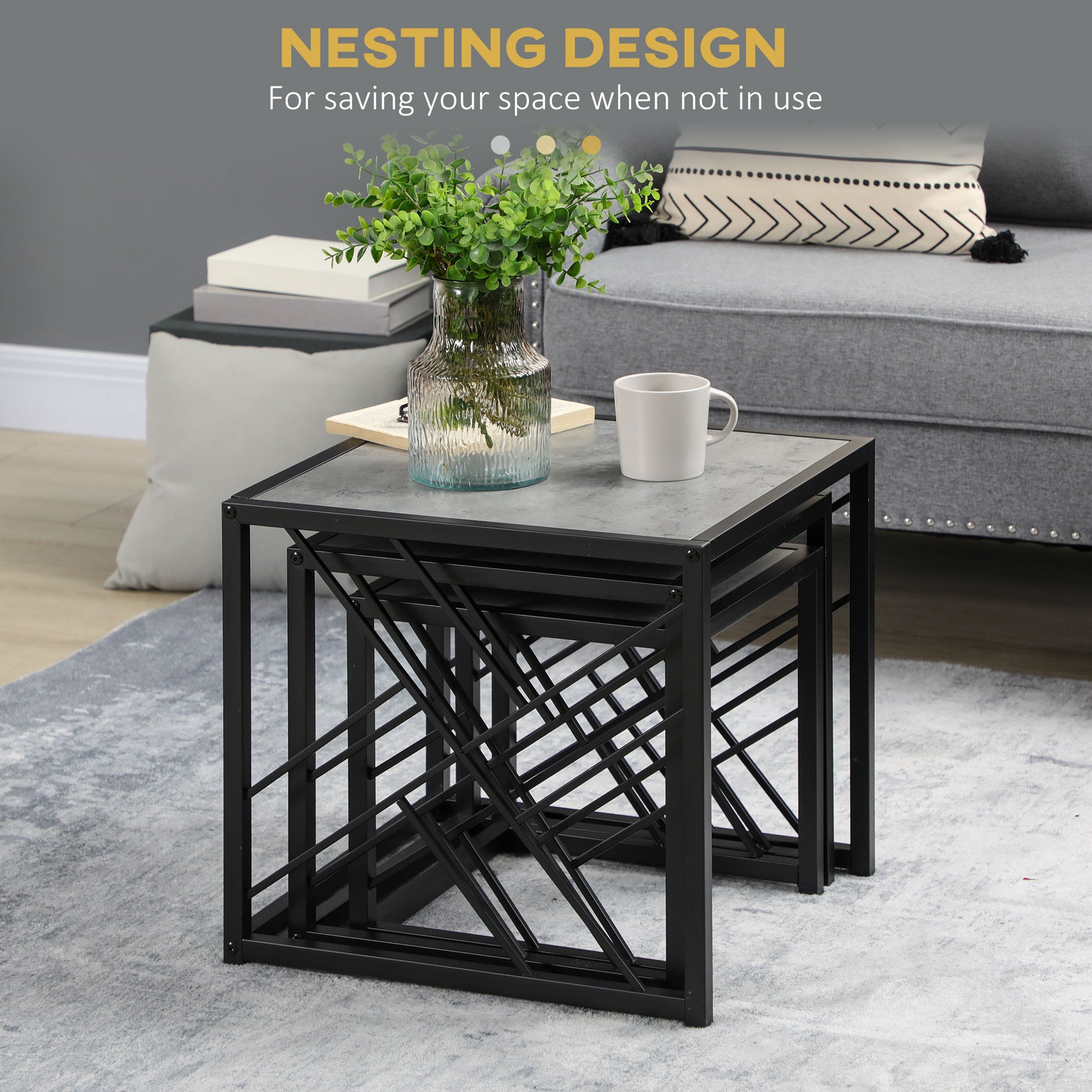 HOMCOM 3-Piece Square Nesting Coffee Tables Grey Marble Top Metal Frame