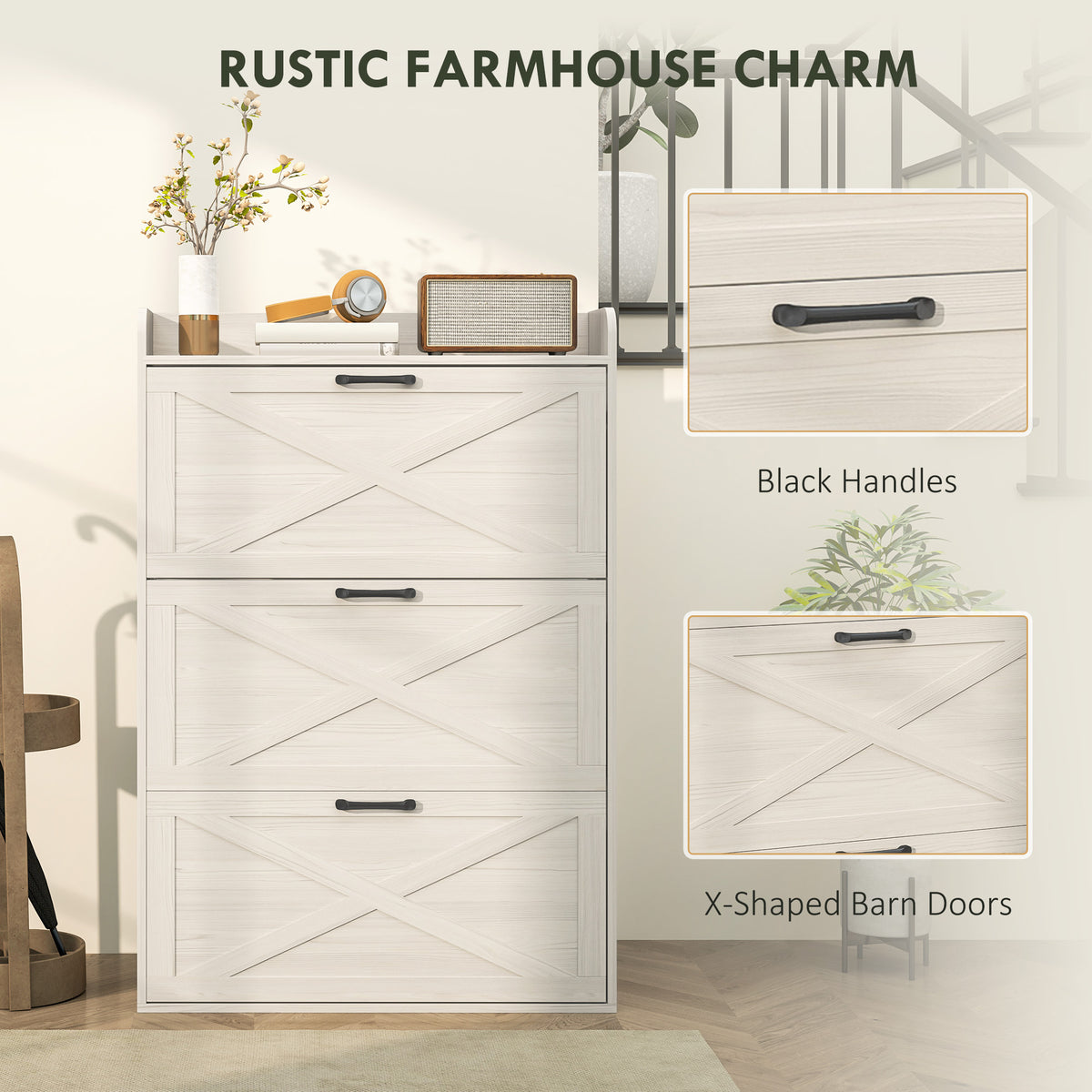 Farmhouse Shoe Cabinet with 3 Flip Drawers – 31"W x 49"H