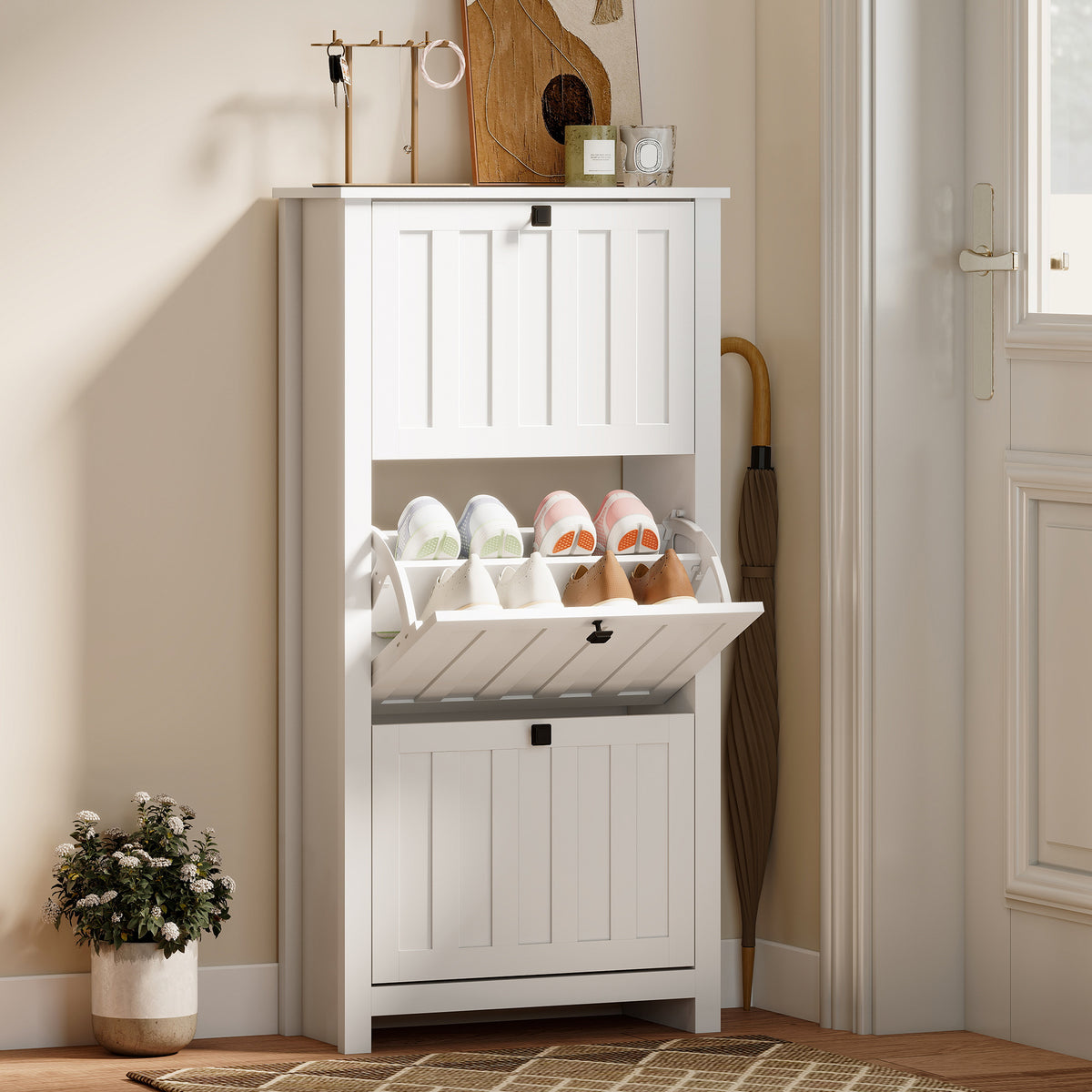 Slim Shoe Cabinet with 3 Flip Drawers – 24"W x 47"H