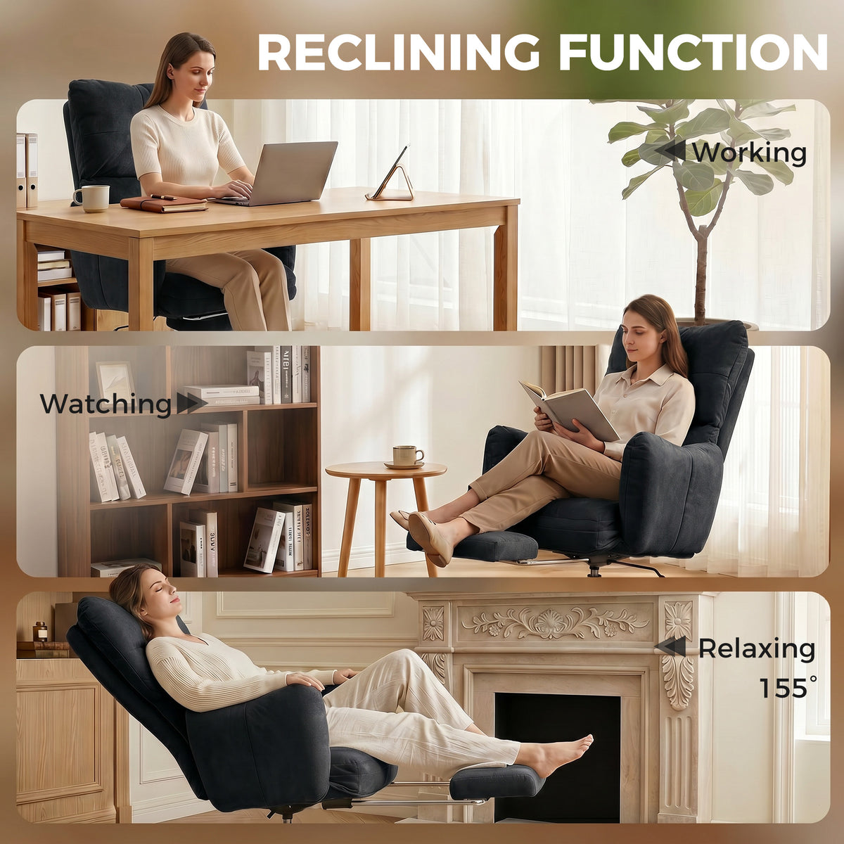 Office Chair with Footrest, Ergonomic Reclining Computer Gaming Chair with Snow Flannel Fabric, Black