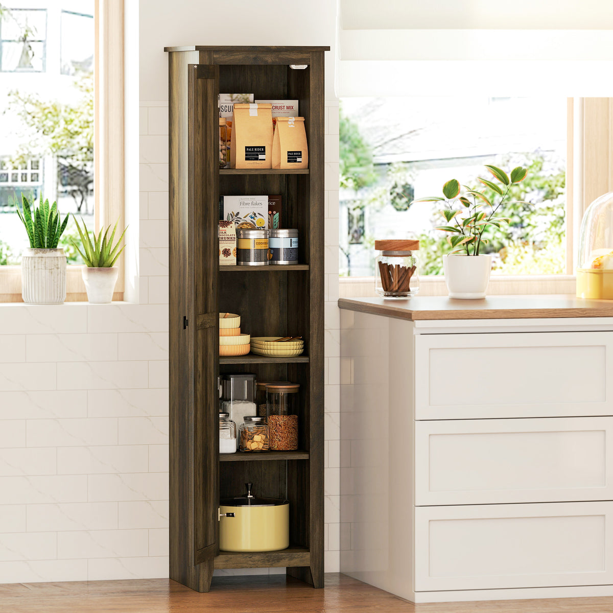 Farmhouse Kitchen Pantry Storage Cabinet with Barn Door – 17"W x 67"H