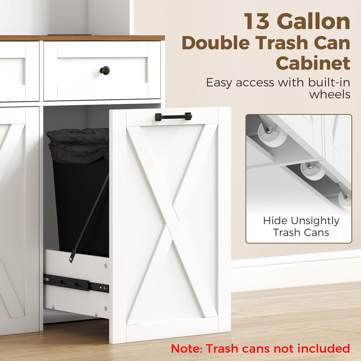 Pantry Cabinet with 13 Gallon Double Trash Can Cabinet – 47"W x 71"H