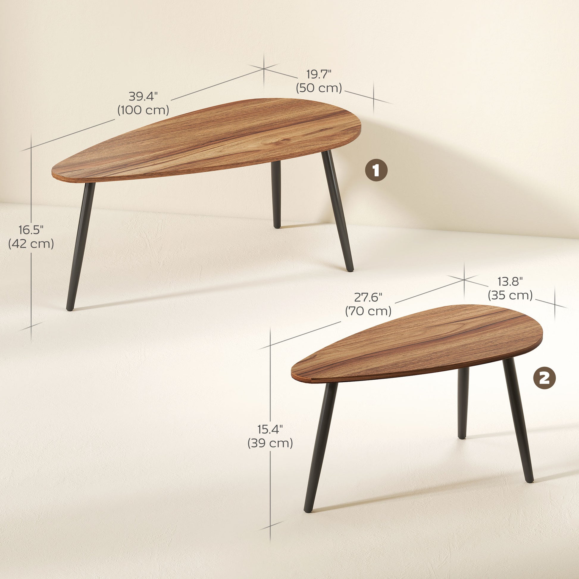 HOMCOM Industrial 2-Piece Nesting Coffee Table Set, Brown Wood-Effect Steel Legs