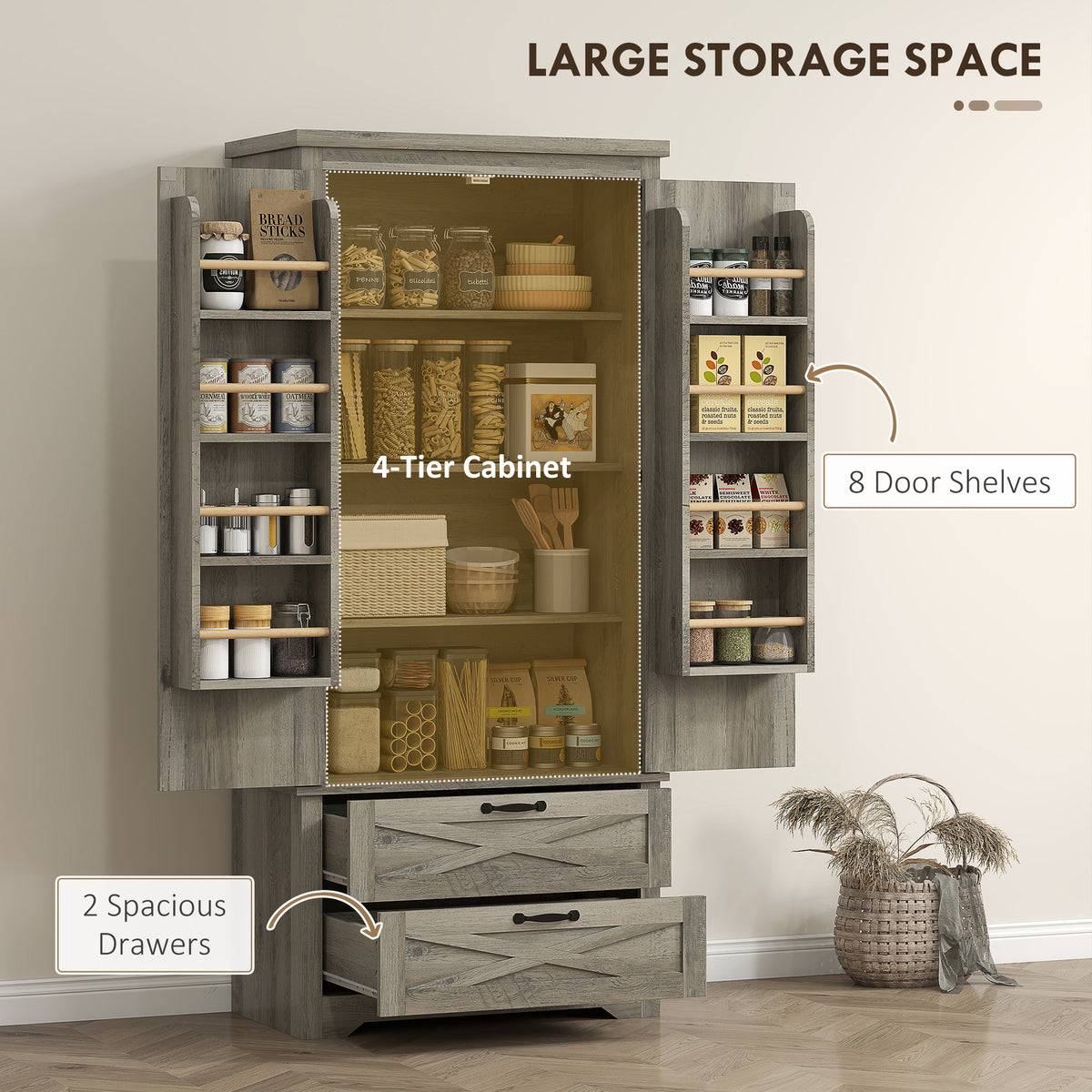 Freestanding Kitchen Pantry Cabinet with Drawers – 29"W x 64"H