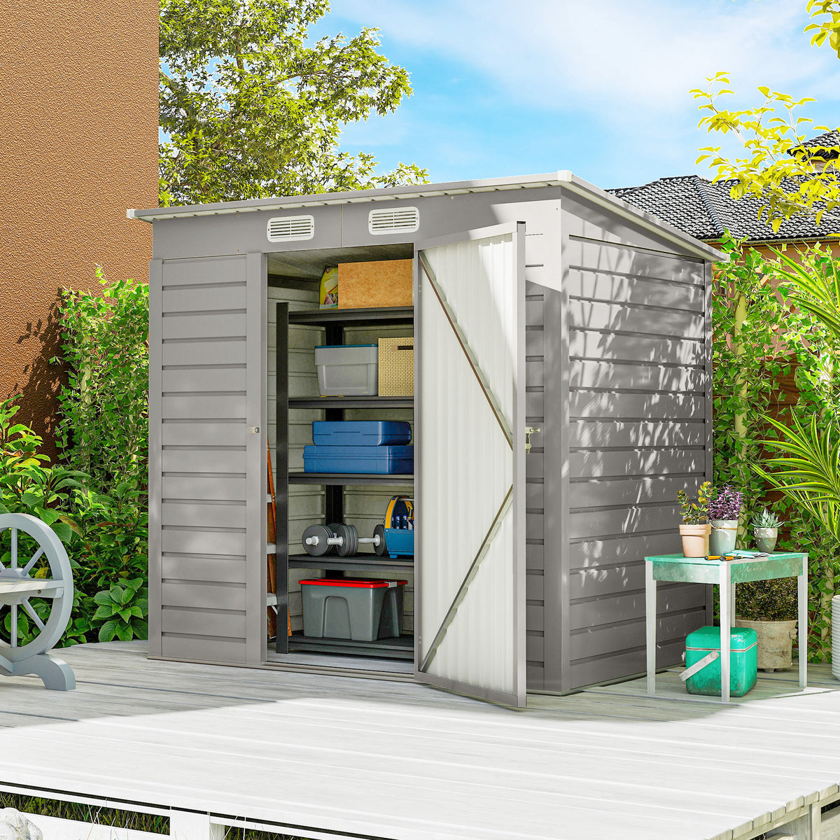 6 x 4FT Galvanized Garden Storage Shed, Metal Outdoor Shed with Double Doors and 2 Vents – Light Grey