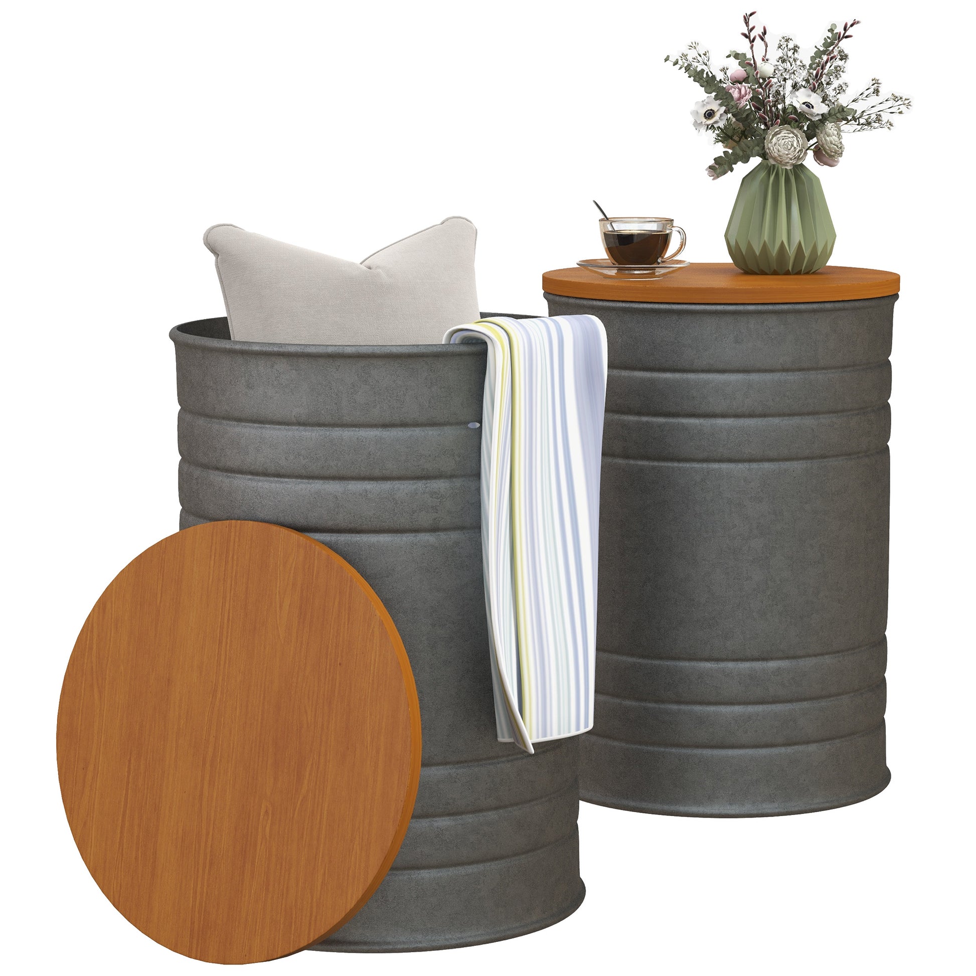 HOMCOM Round Nesting Side Tables, 2-Piece, Wood Lid, Hidden Storage