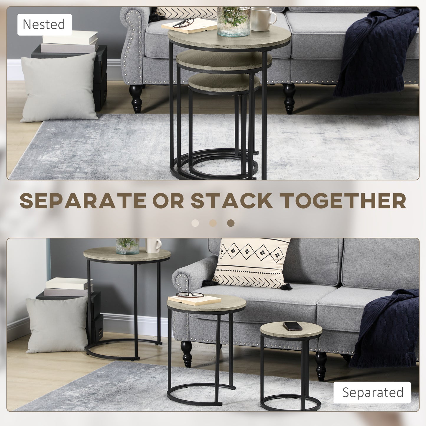 HOMCOM Modern 3-Piece Round Nesting Coffee Tables, Grey Wood Grain Design