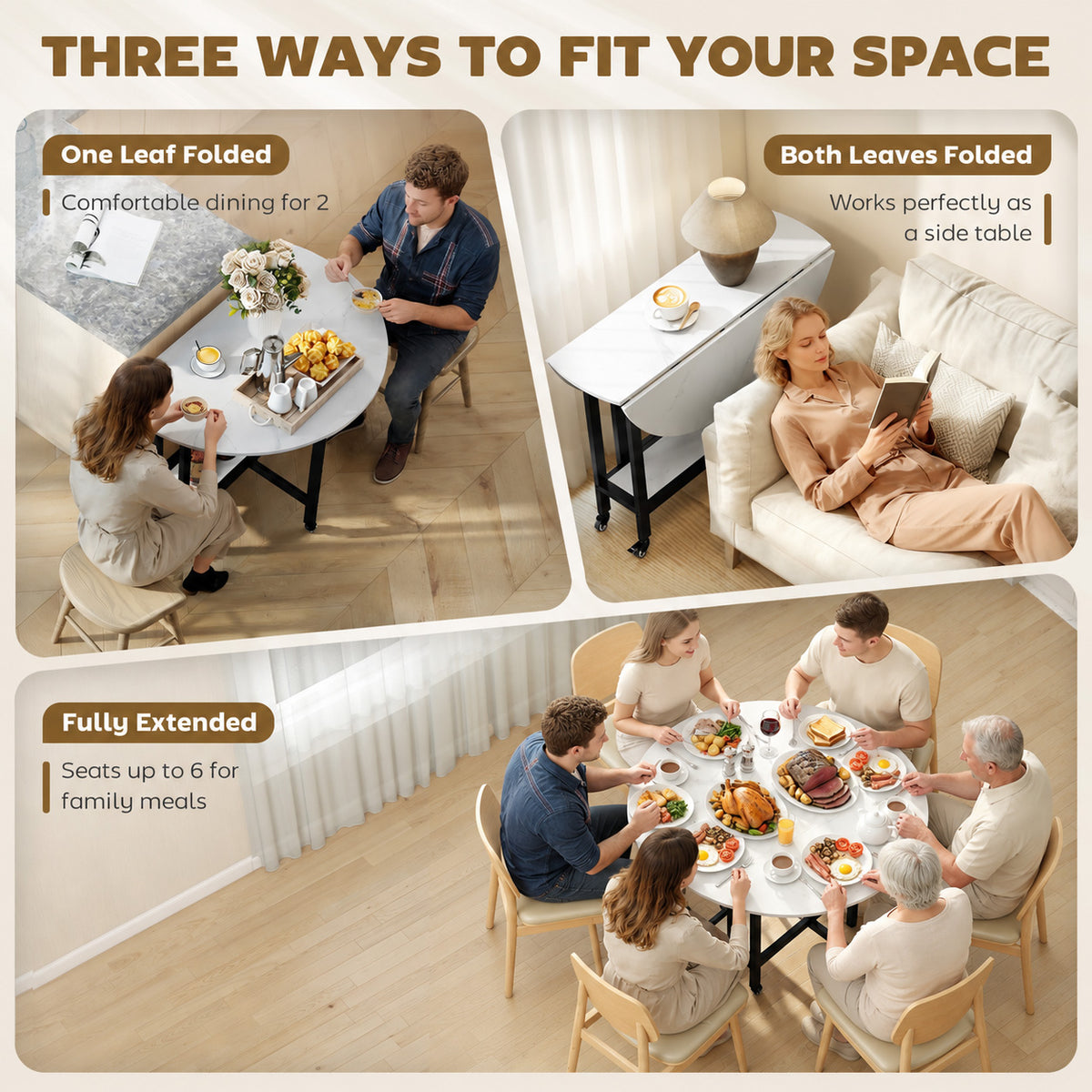 39" Round Folding Dining Table with Open Shelf and Lockable Wheels