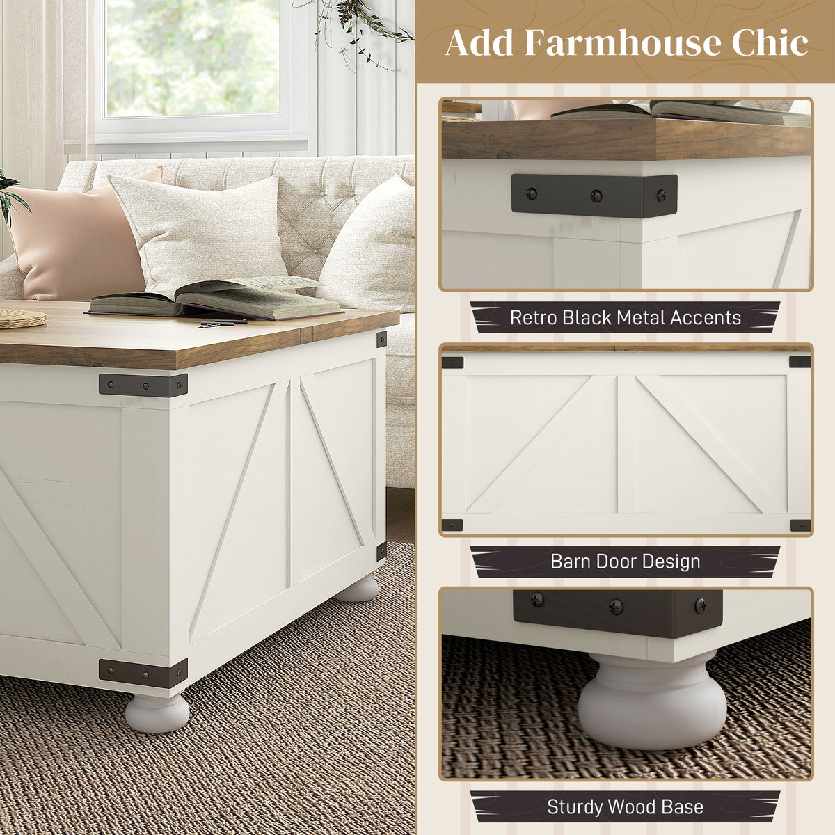 Farmhouse Square Coffee Table with Flip-Top Lids and Hidden Storage