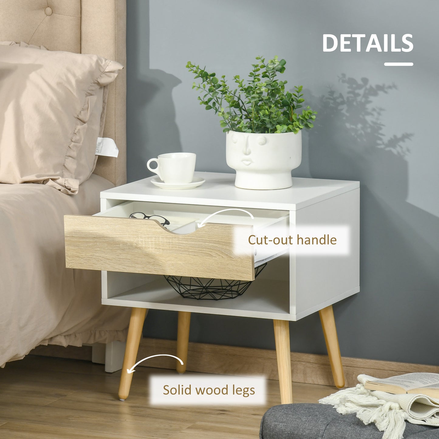 Modern Bedside Tables Set of 2 with Drawer, Shelf, Wood Legs