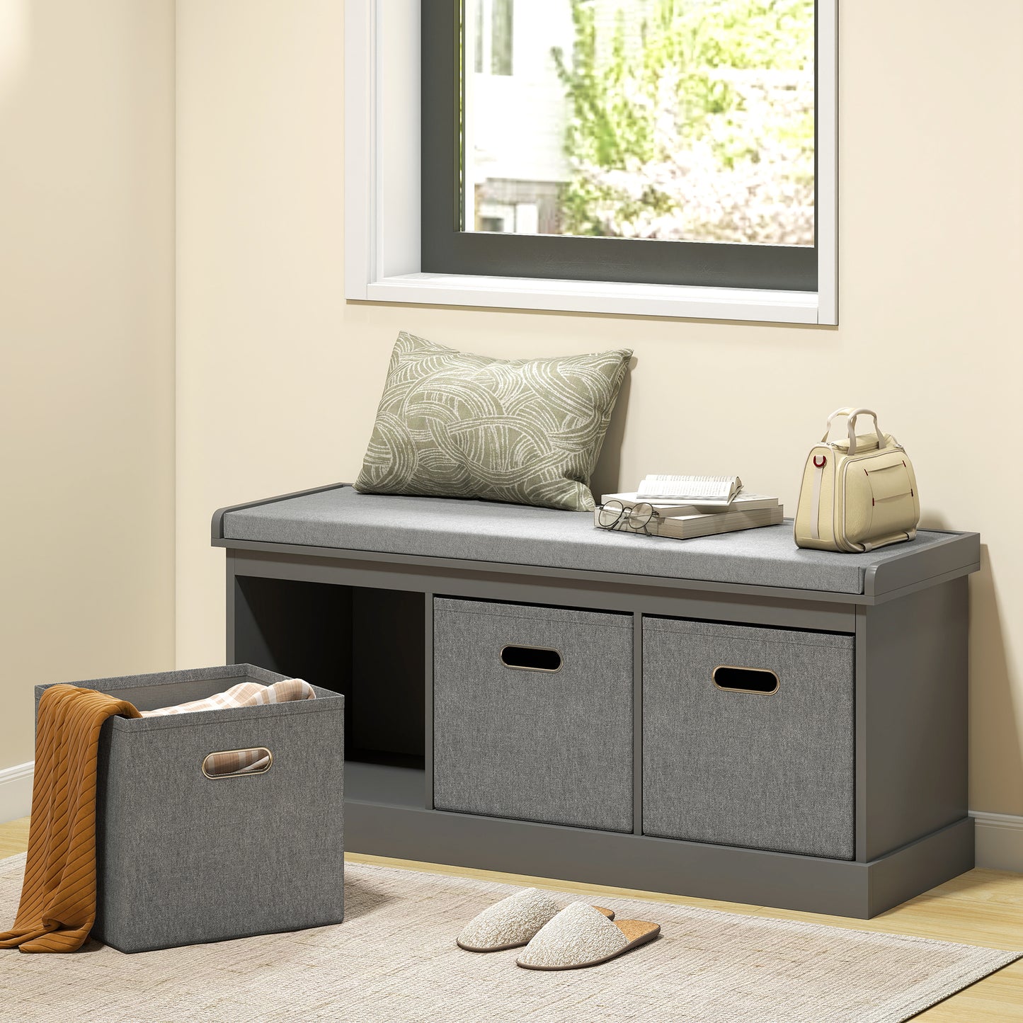 HOMCOM Dark Grey Entryway Shoe Storage Bench, Cushioned Seat, 3 Fabric Drawers