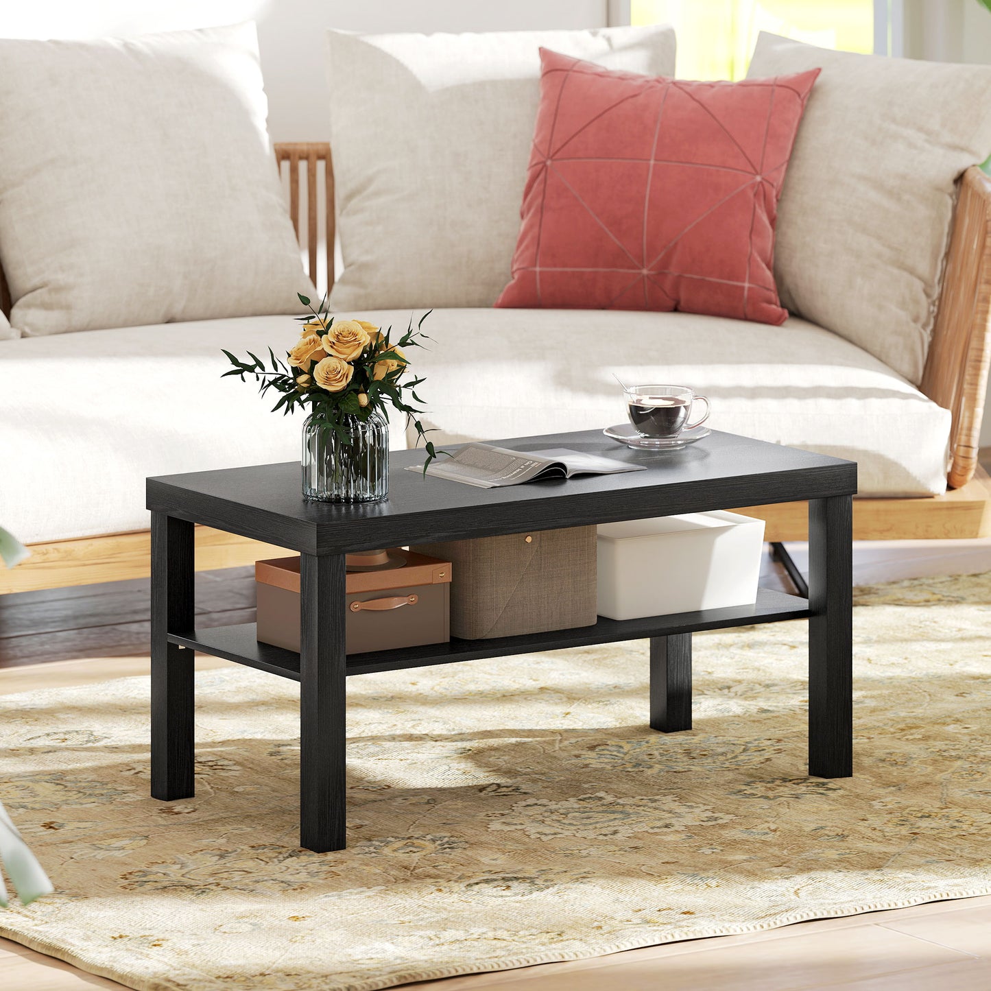 HOMCOM Modern Black 2-Tier Rectangular Coffee Table with Storage Shelf