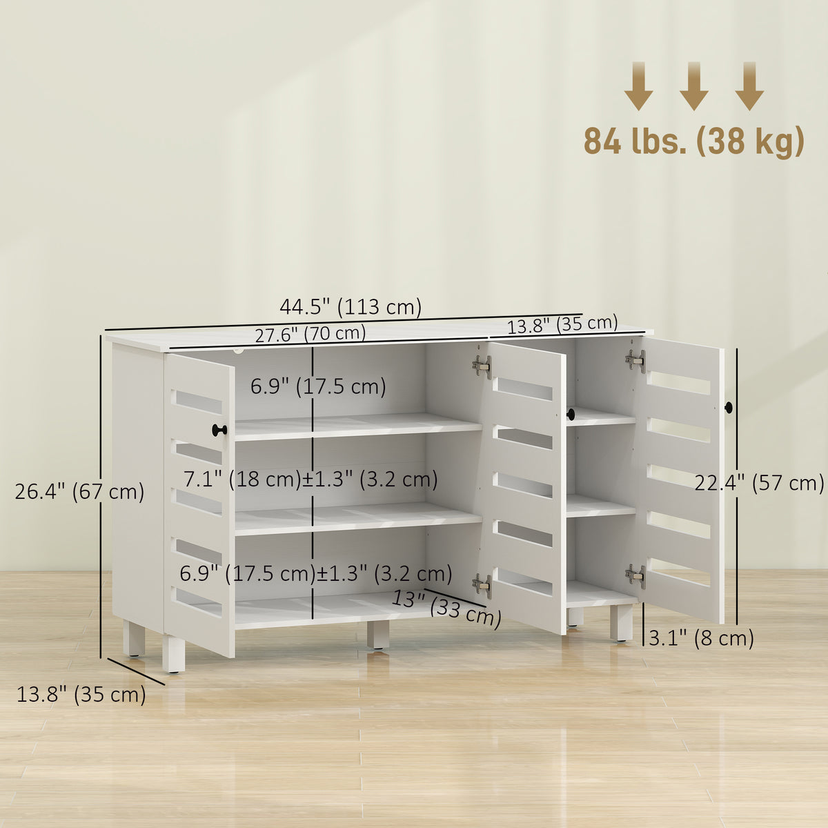 Shoe Cabinet with 3 Slatted Doors – 44"W x 26"H