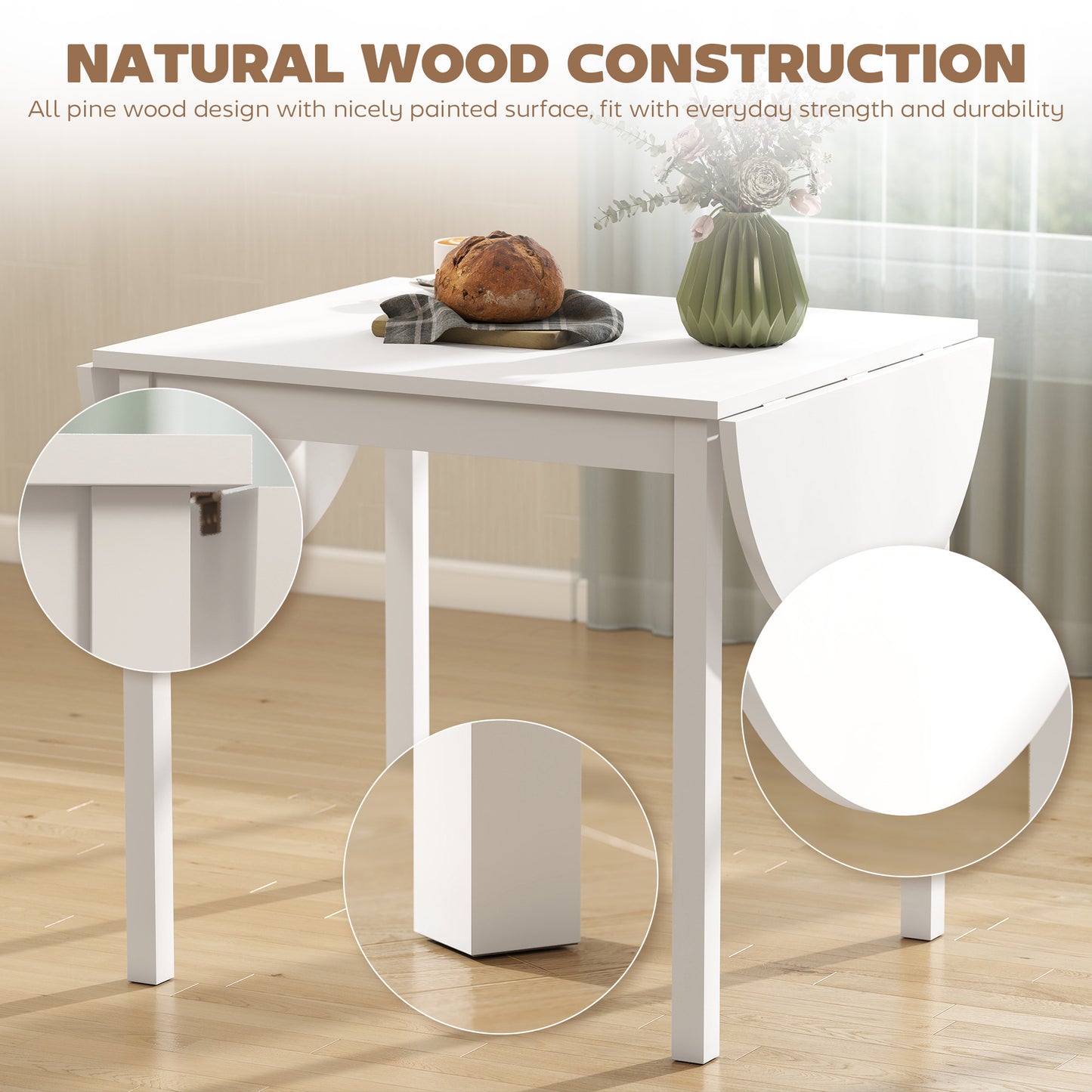 HOMCOM Solid Wood Drop Leaf Dining Table White