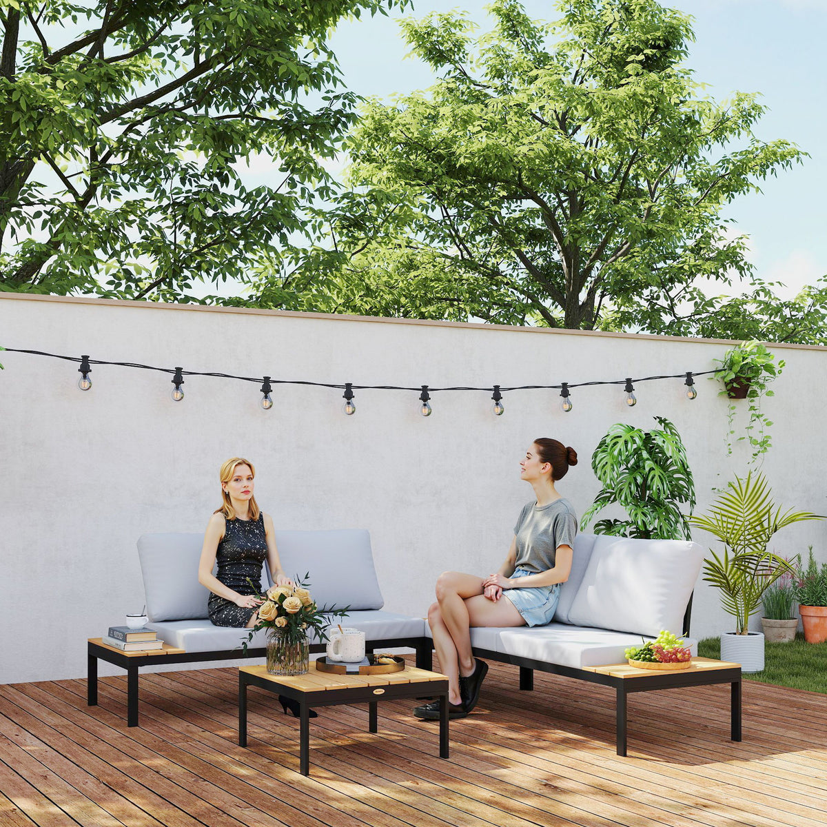 4 Piece L Shaped Garden Furniture Set, 4 Seater Outdoor Corner Garden Set, 2 Loveseats, 2 Coffee Tables