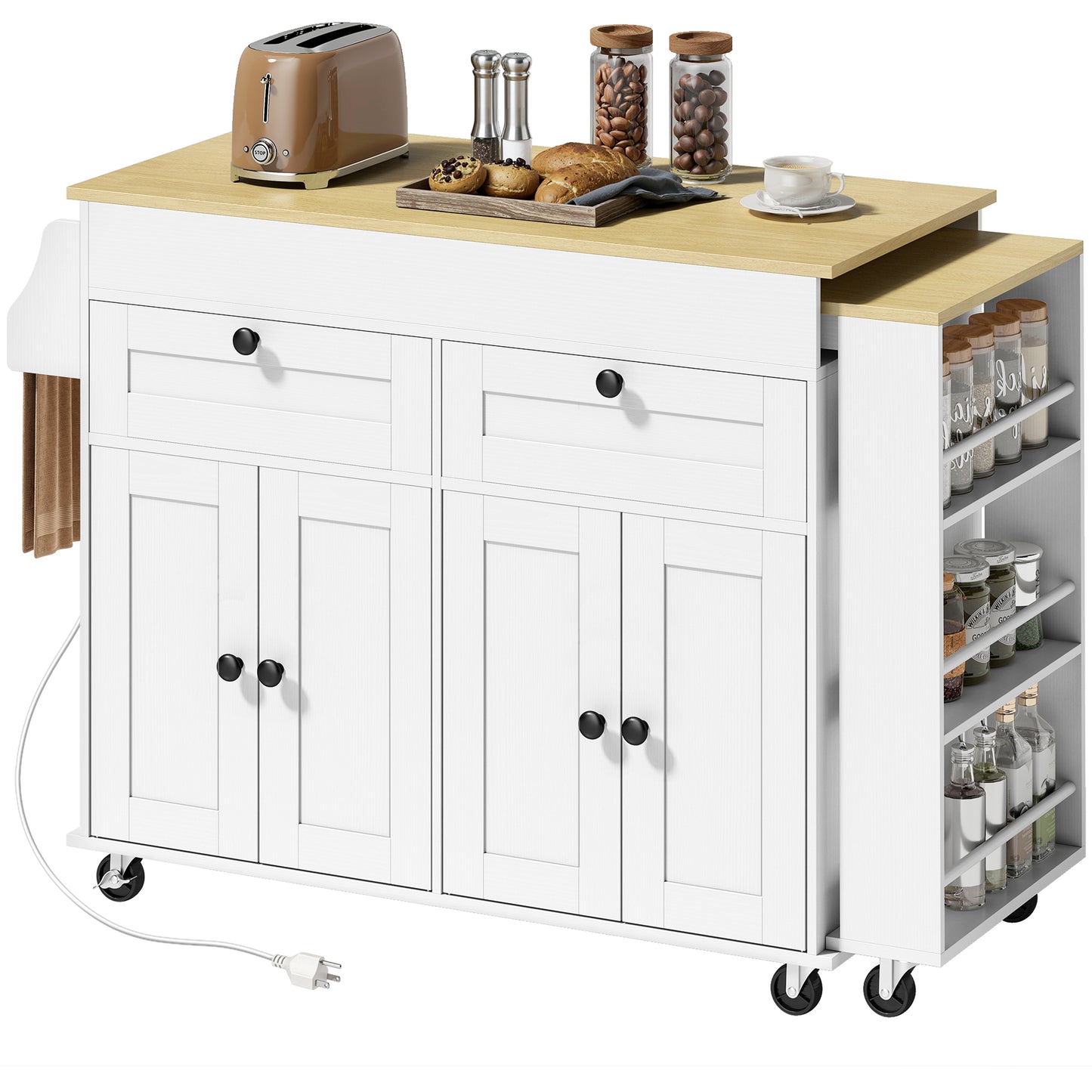 HOMCOM Kitchen Island with Expandable Sliding Top, Rolling Cart White