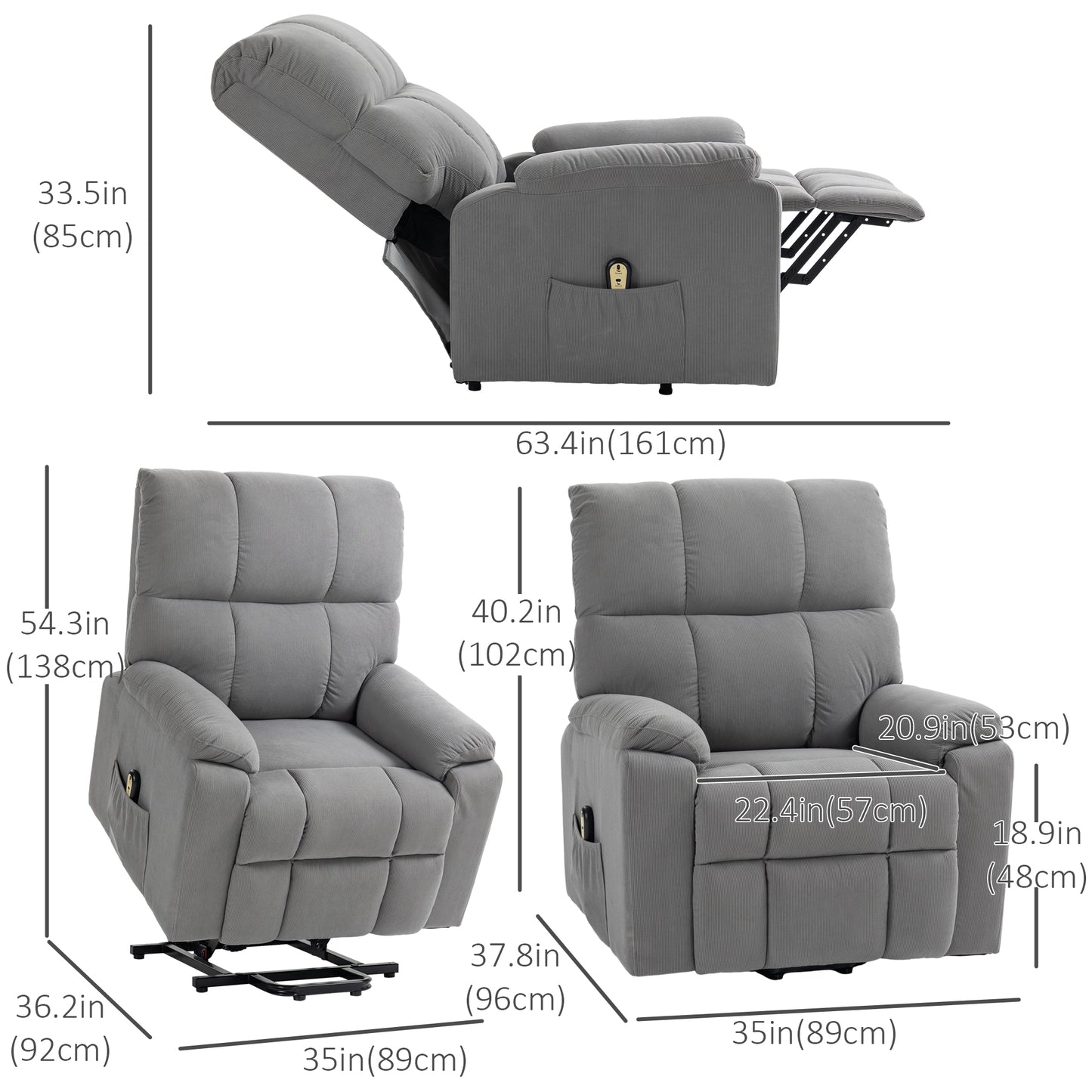 HOMCOM Electric Power Lift Recliner Chair, Grey Fabric Upholstered with Remote Control