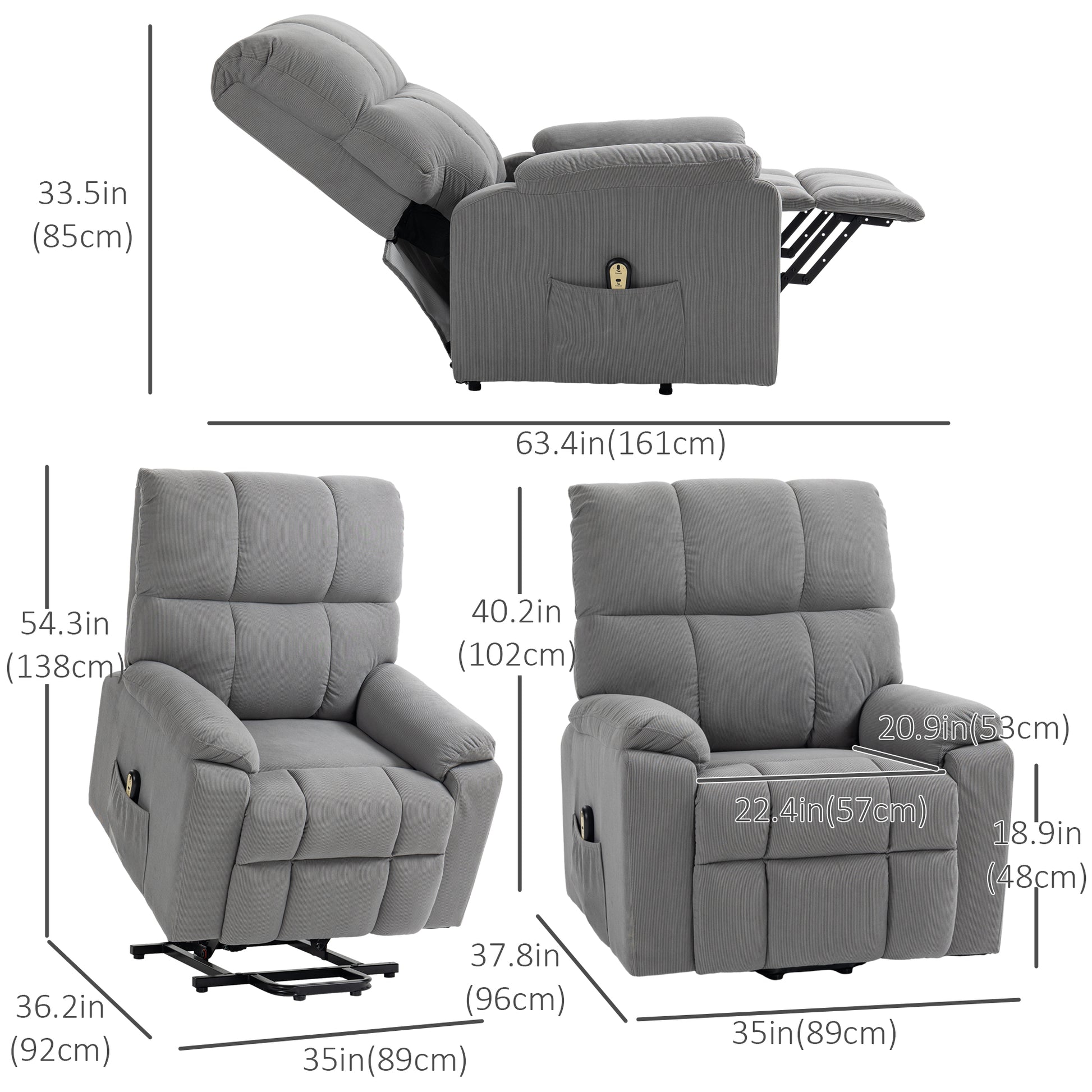HOMCOM Electric Power Lift Recliner Chair, Grey Fabric Upholstered with Remote Control