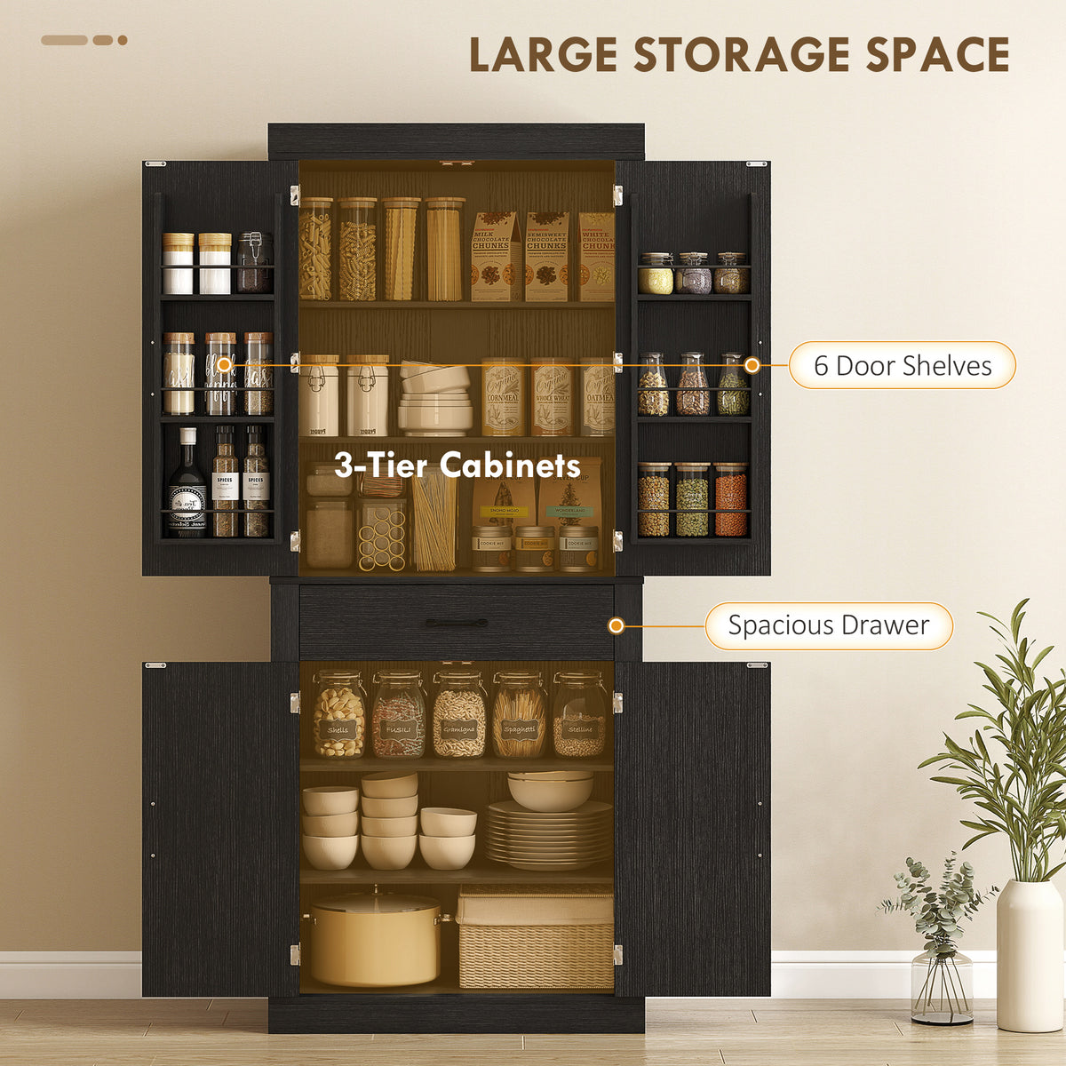 Farmhouse Kitchen Storage Cabinet with 4 Barn Doors – 30"W x 72"H