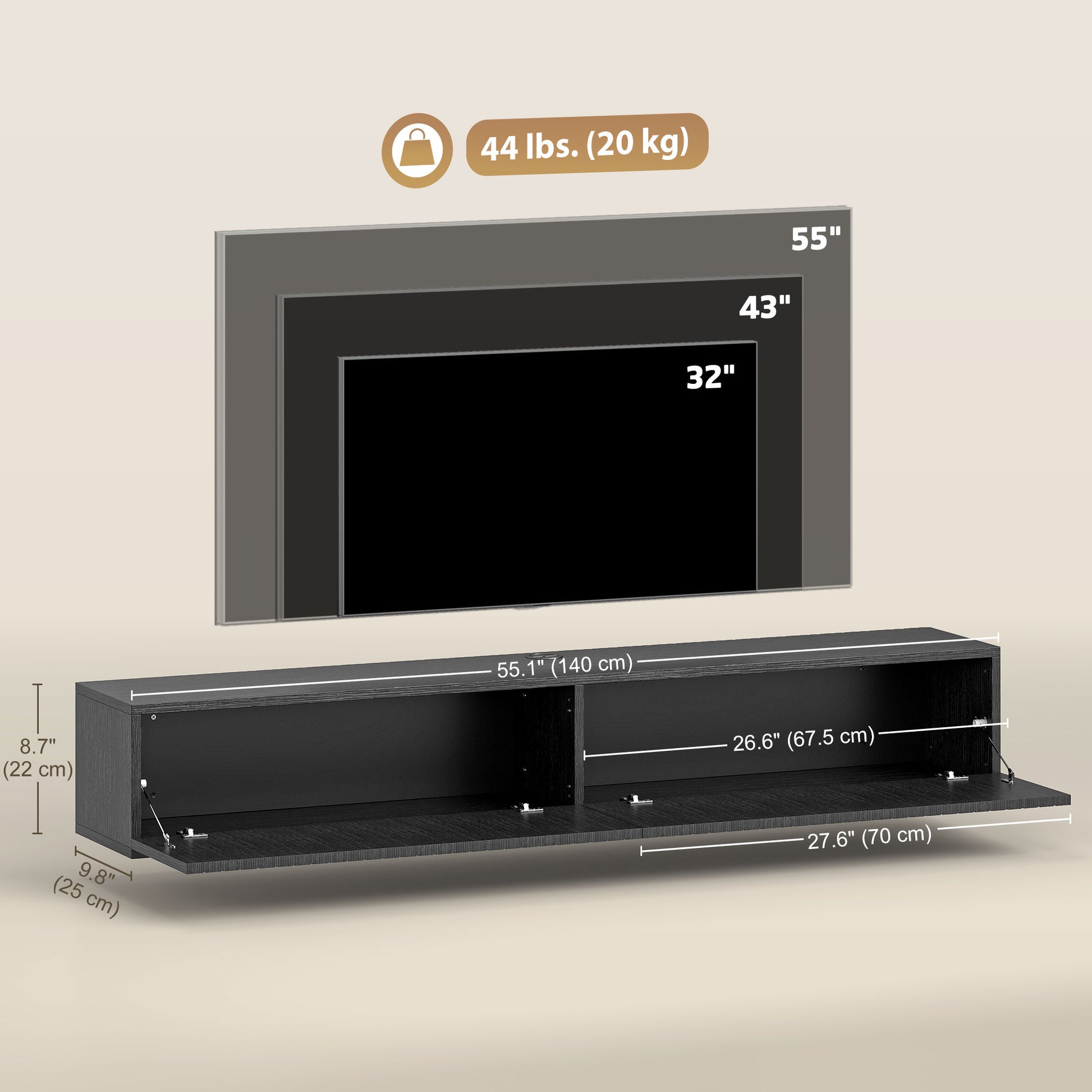 HOMCOM Floating TV Stand 55" Black for TVs up to 72" Wall-Mount Media Console