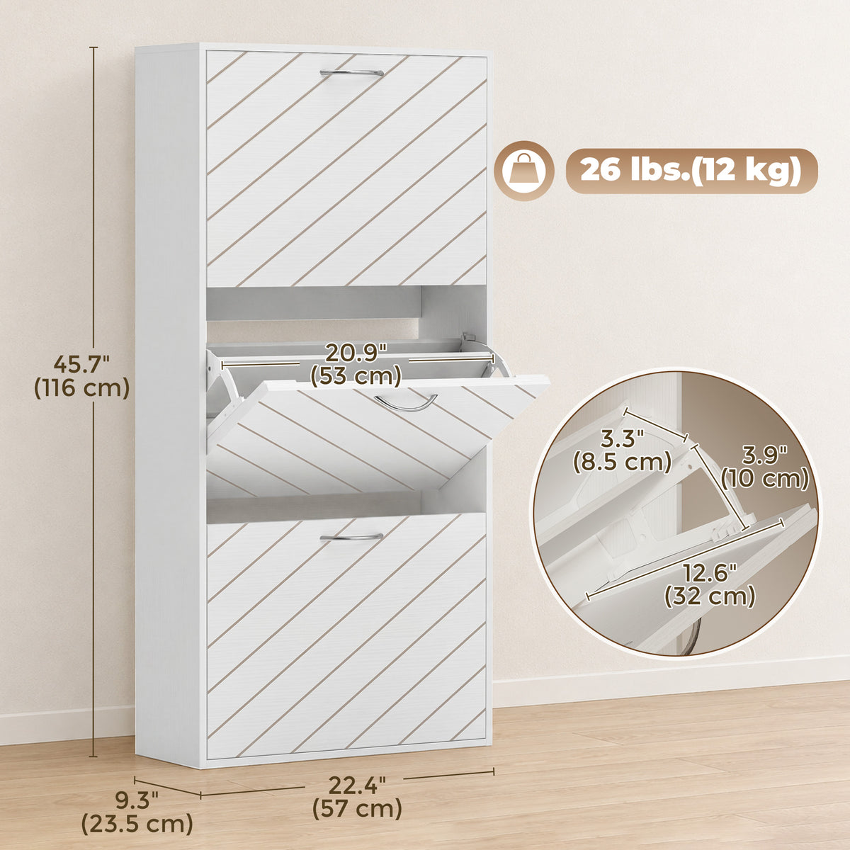 Shoe Storage Cabinet with 3 Flip Drawers – 22"W x 46"H
