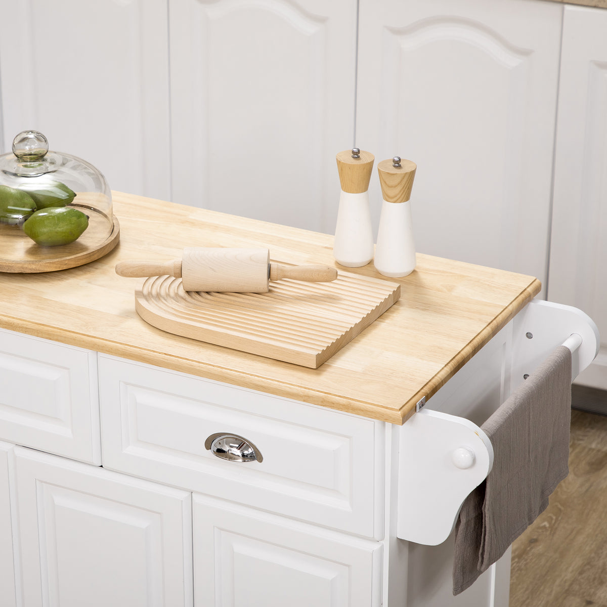Rolling Kitchen Island with Rubberwood Top and Towel Rack – 43"W x 36"H