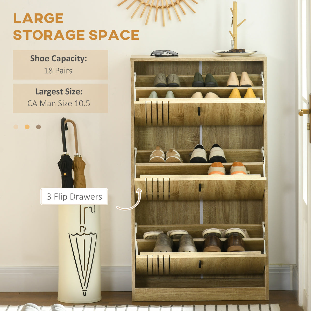 Shoe Cabinet with 3 Flip Drawers for 18 Pairs – 25"W x 46"H