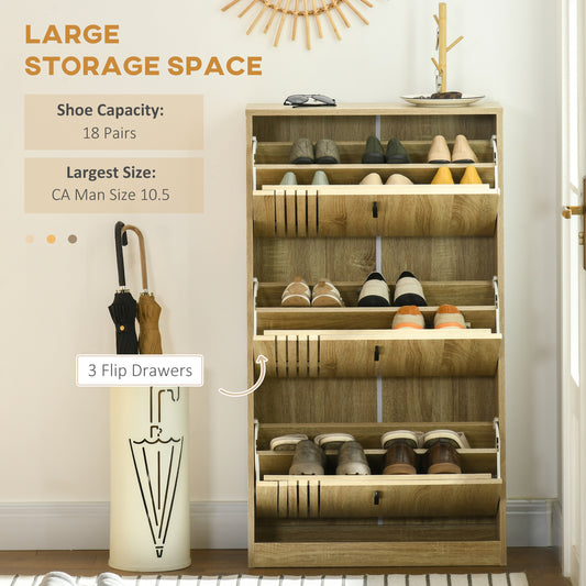Shoe Cabinet with 3 Flip Drawers for 18 Pairs – 25"W x 46"H