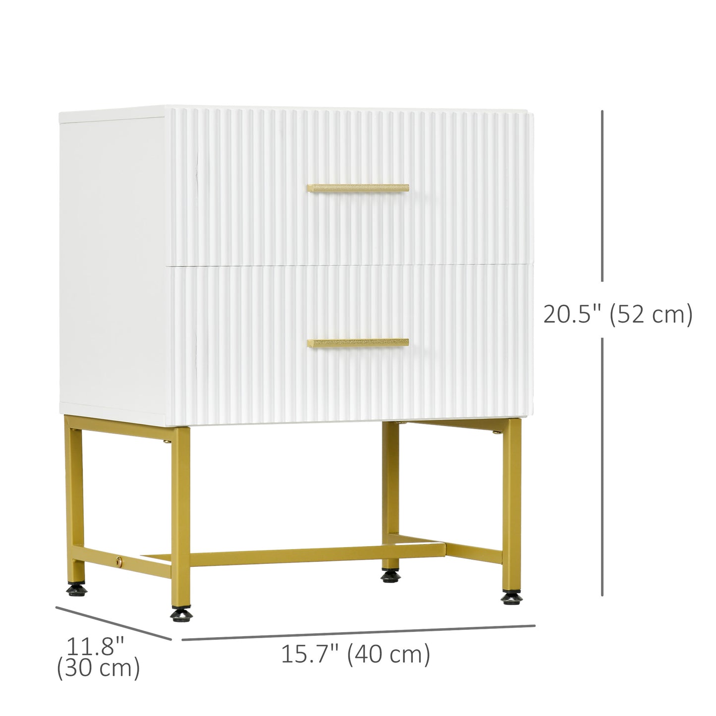 Modern White Nightstands Set, 2 Fluted Drawers, Gold Legs, Bedroom Storage Tables