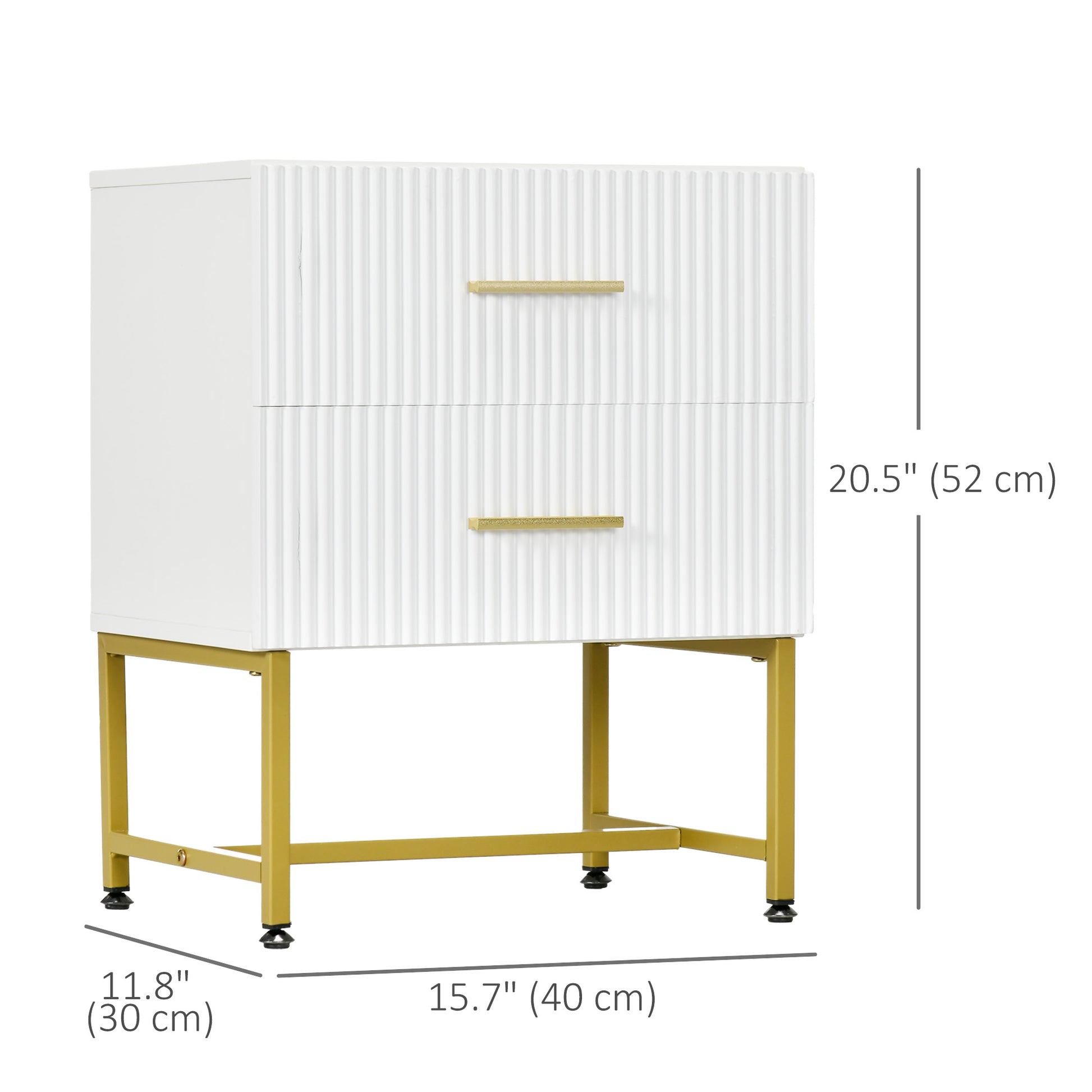 Modern White Nightstands Set, 2 Fluted Drawers, Gold Legs, Bedroom Storage Tables