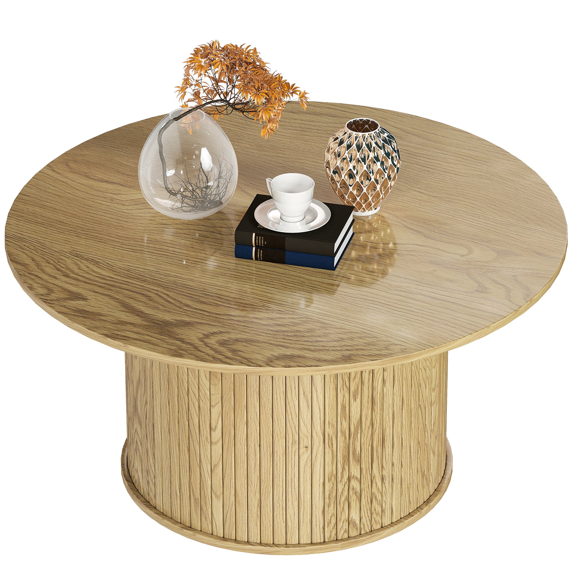 HOMCOM Nordic Round Oak Coffee Table with Fluted Cylindrical Base for Living Room