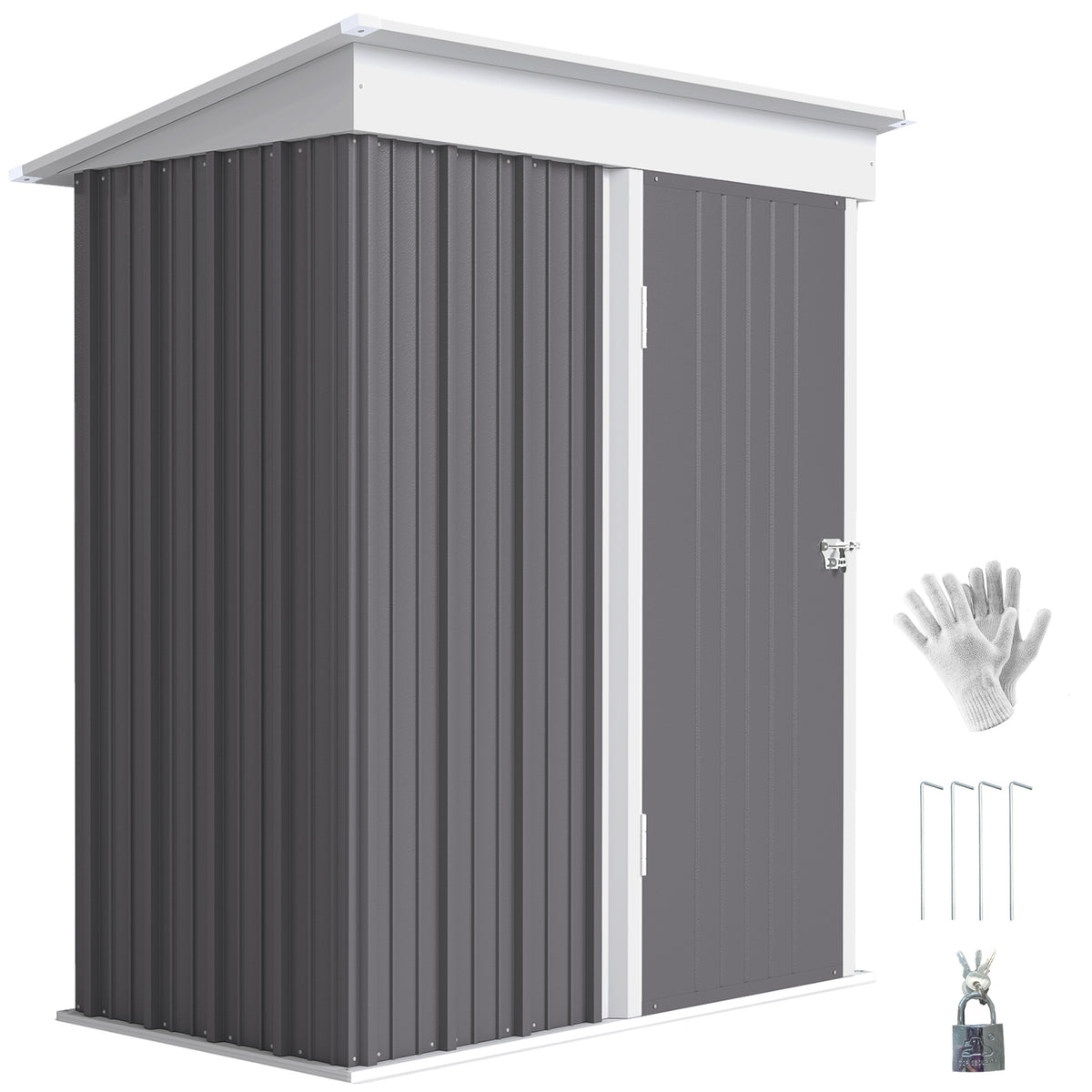 Outdoor Storage Shed, Steel Lean-to Shed with Adjustable Shelf, Lock, Gloves, 5'x3'x6' – Grey