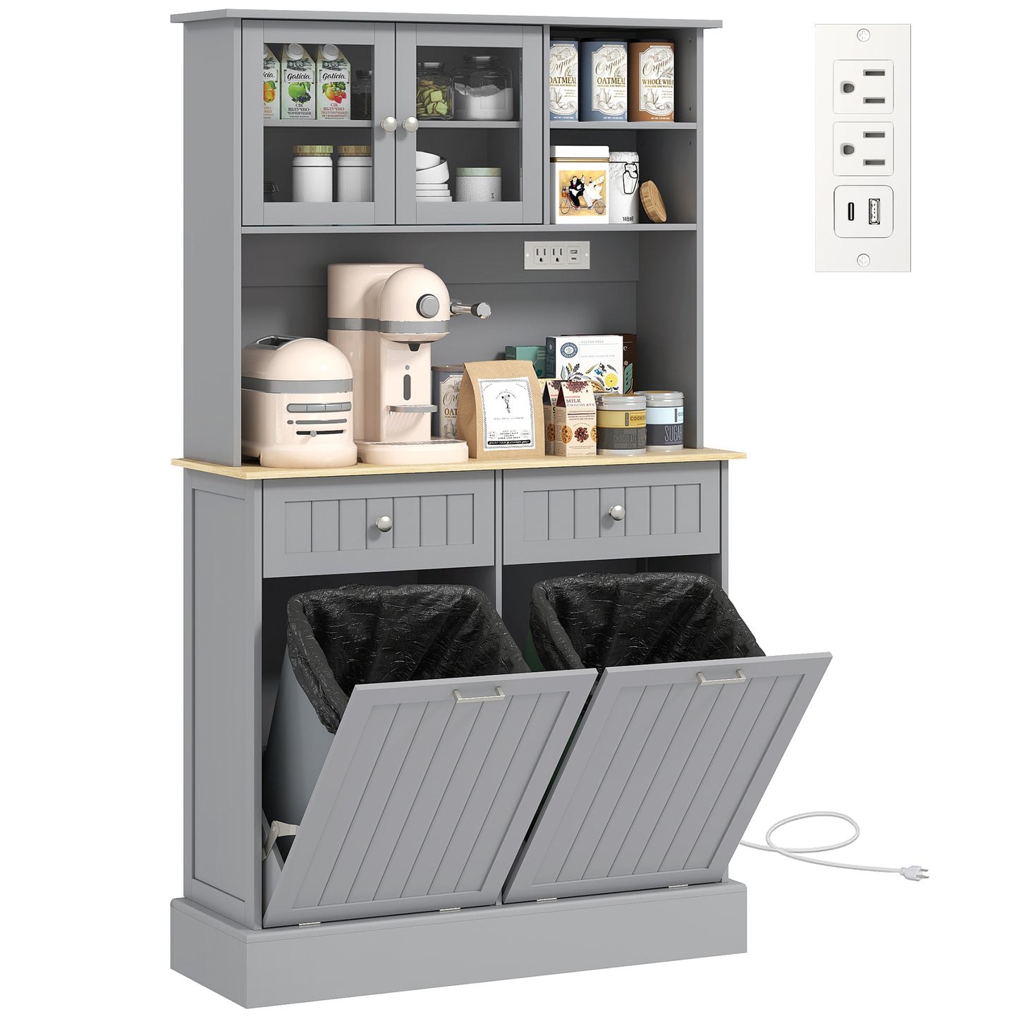 Kitchen Cabinet with Charging Station Freestanding Grey