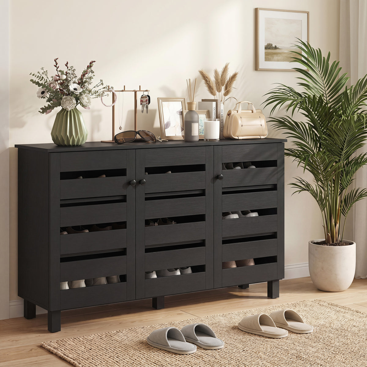 Shoe Cabinet with 3 Slatted Doors – 44"W x 26"H