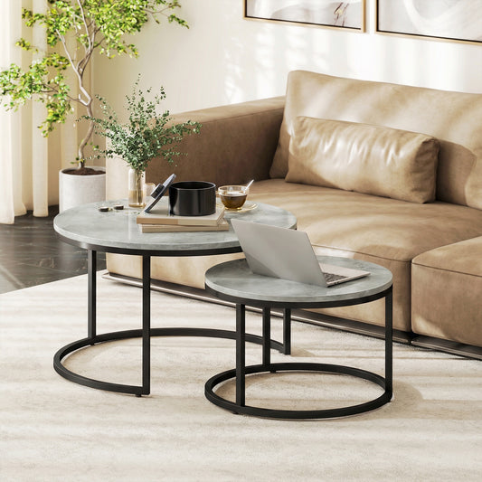Round Nesting Coffee Table Set of 2, Marble-Effect Top, Metal Base, Grey