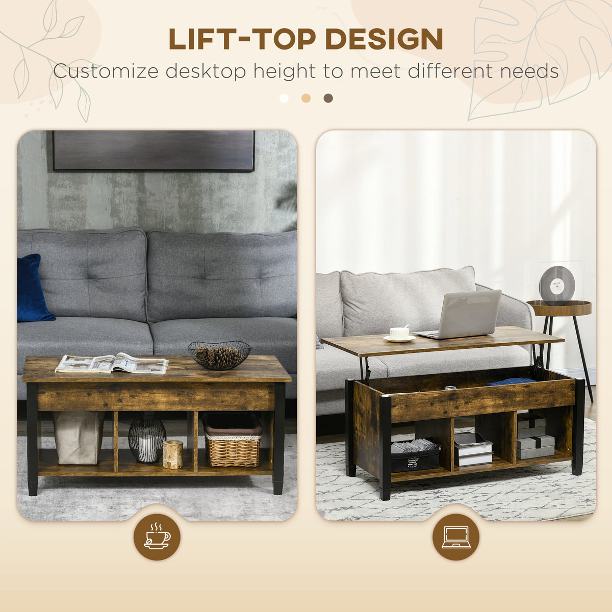41" Lift-Top Coffee Table with Hidden Compartment and 3 Open Shelves