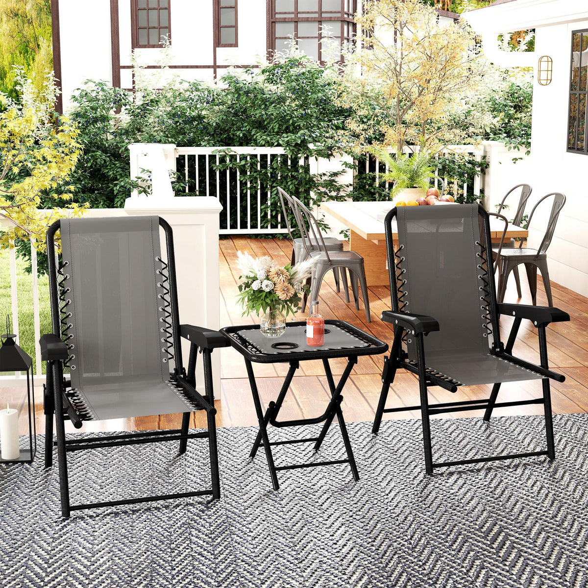 3 Pieces Patio Bistro Set, Outdoor Folding Table and Chairs Set, Metal Patio Furniture Set with Cup Holders – Dark Grey, Black