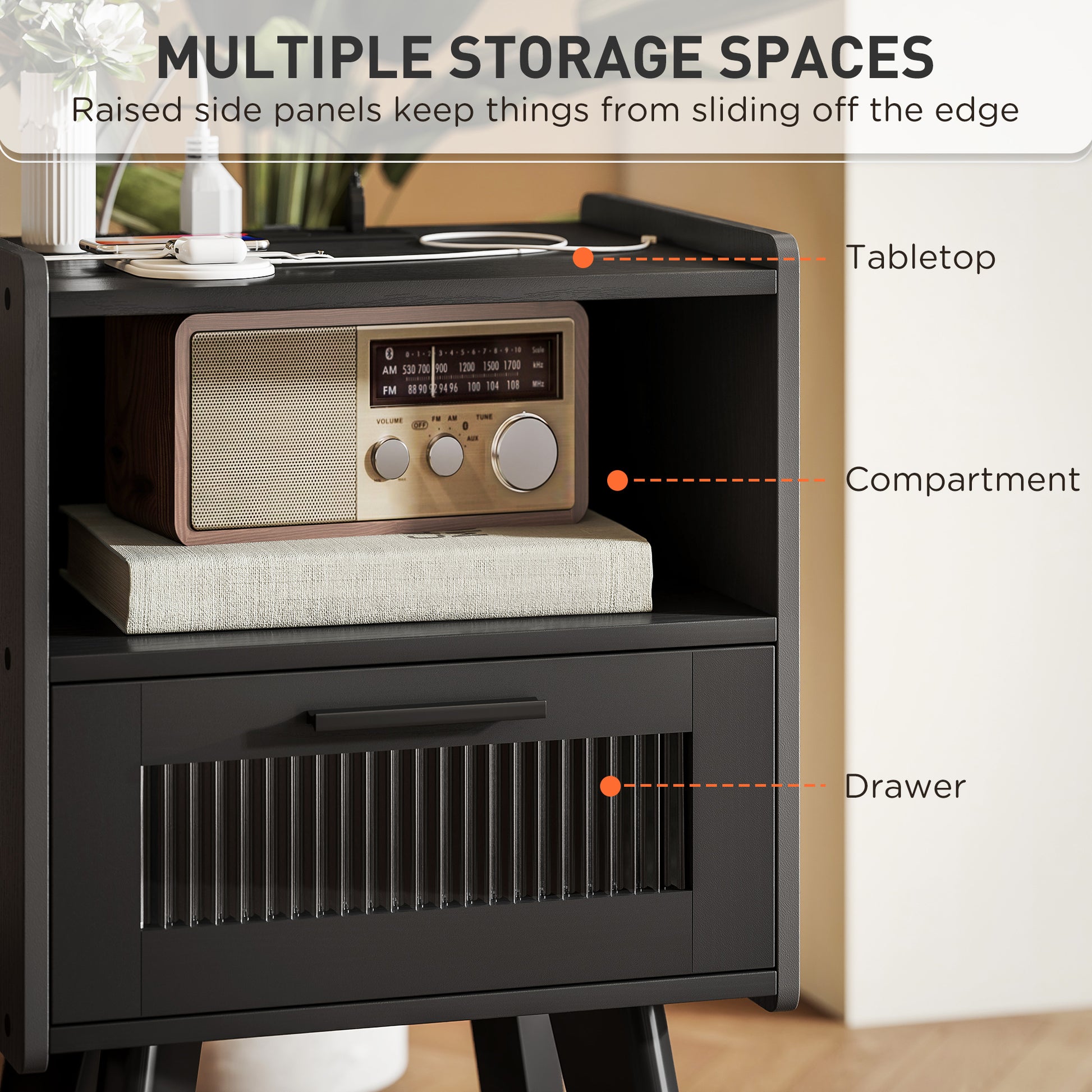 HOMCOM Modern Black Nightstands Set of 2 with Charging Station