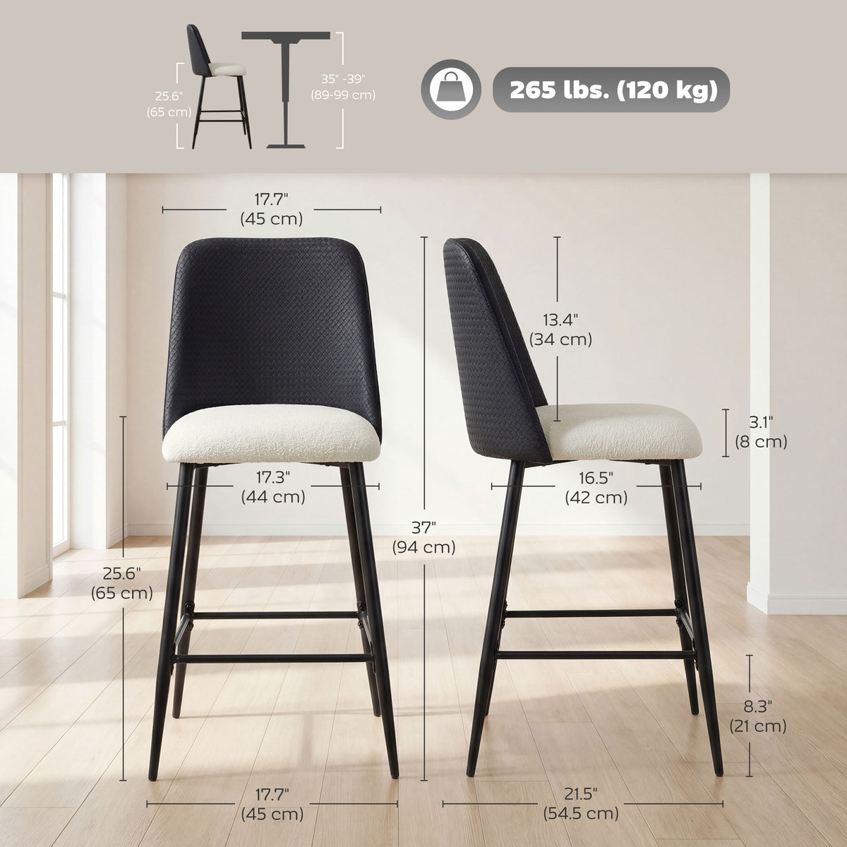 Two-Tone 26" Counter Stools with Woven PU Backrest, Set of 2, Black