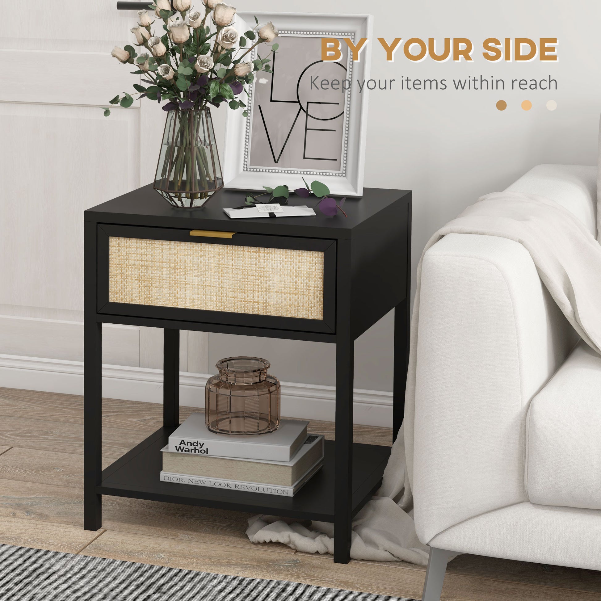 HOMCOM Modern Boho Black Nightstand with Rattan Drawer & Open Shelf