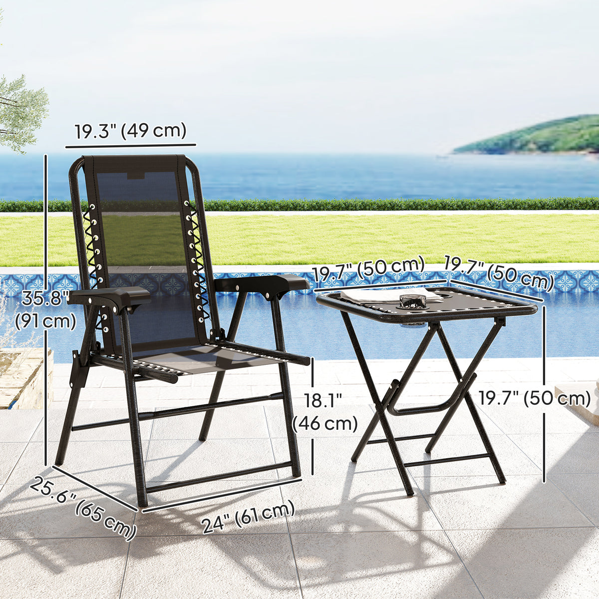 3 Pieces Patio Bistro Set, Outdoor Folding Table and Chairs Set, Metal Patio Furniture Set with Cup Holders – Black