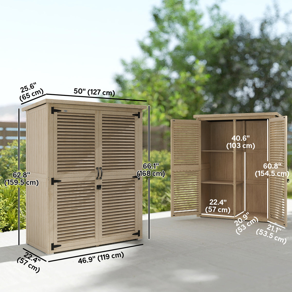 50" x 26" x 66" Wooden Garden Shed, Outdoor Storage Shed with Waterproof Asphalt Roof, Shelves