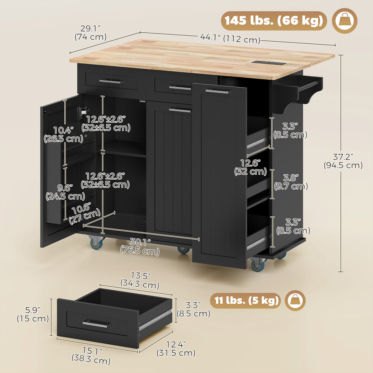 Kitchen Island on Wheels with Wood Drop Leaf – 47"W x 37"H