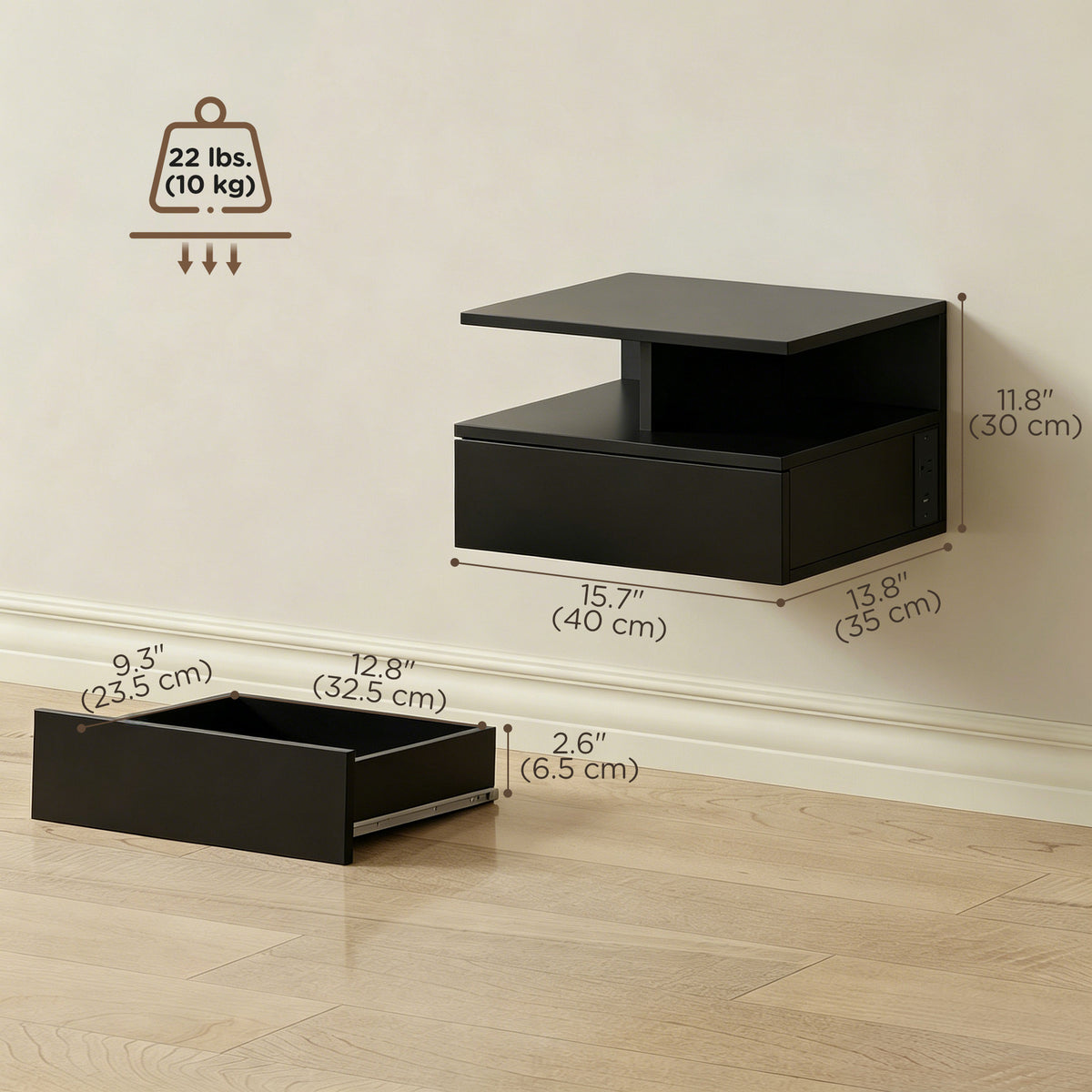 Floating Nightstands with Power Outlets, Set of 2 – 16"W x 12"H