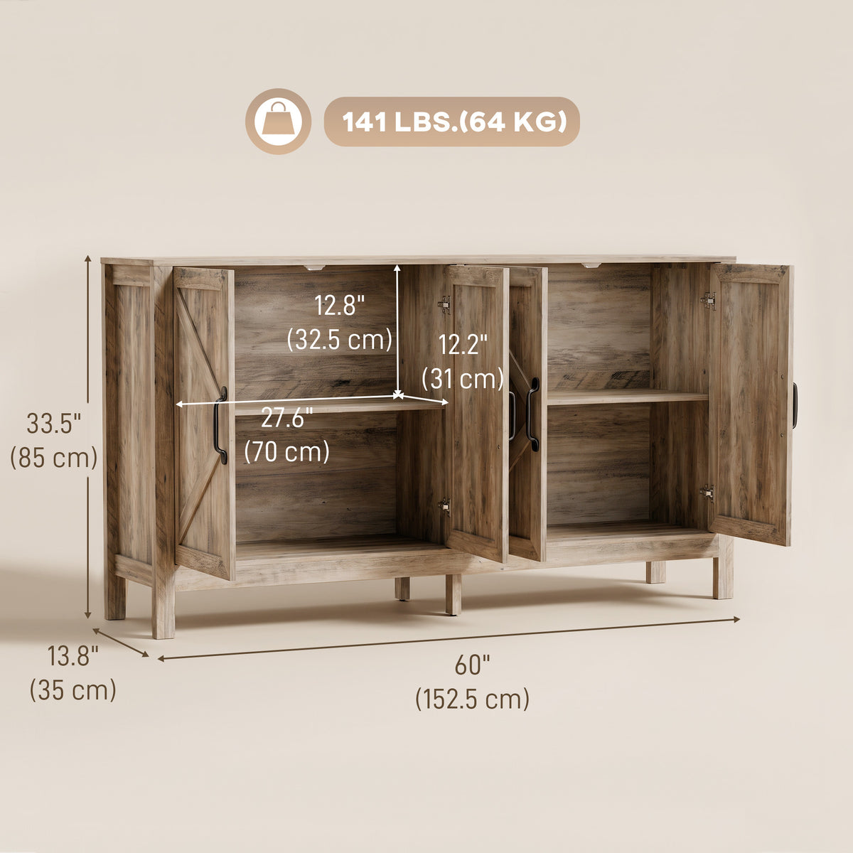 60" Sideboard Buffet with Barn Doors, Light Grey